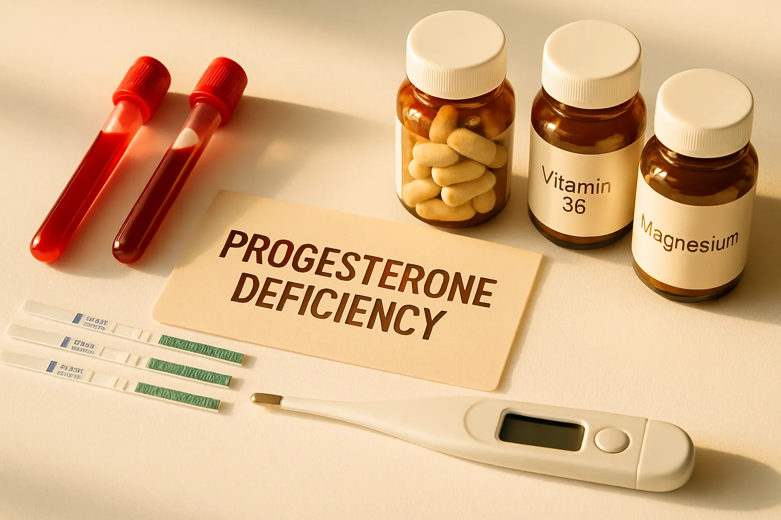 Kit de teste de progesterona com tubos de coleta, suplementos de suporte à fase lútea e termômetro basal para rastreamento hormonal