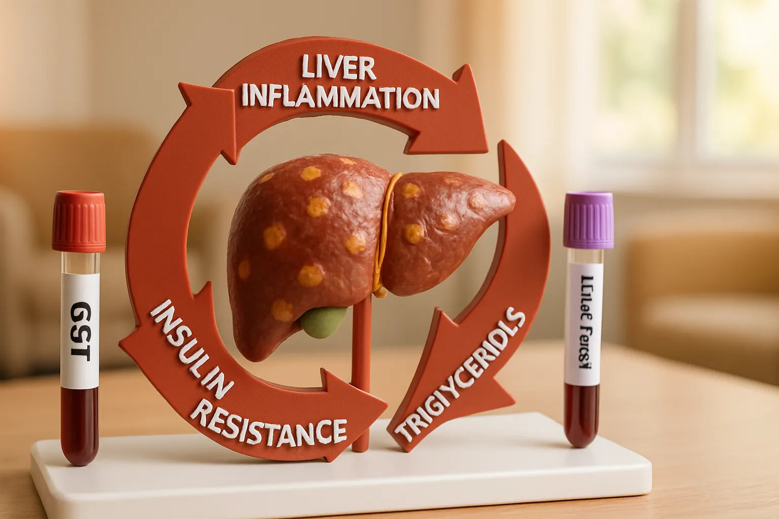 Marcadores Metabólicos e Ciclo Insulina-Triglicerídeos Modelo educacional demonstrando o triângulo metabólico entre resistência à insulina, triglicerídeos e inflamação hepática com marcadores laboratoriais