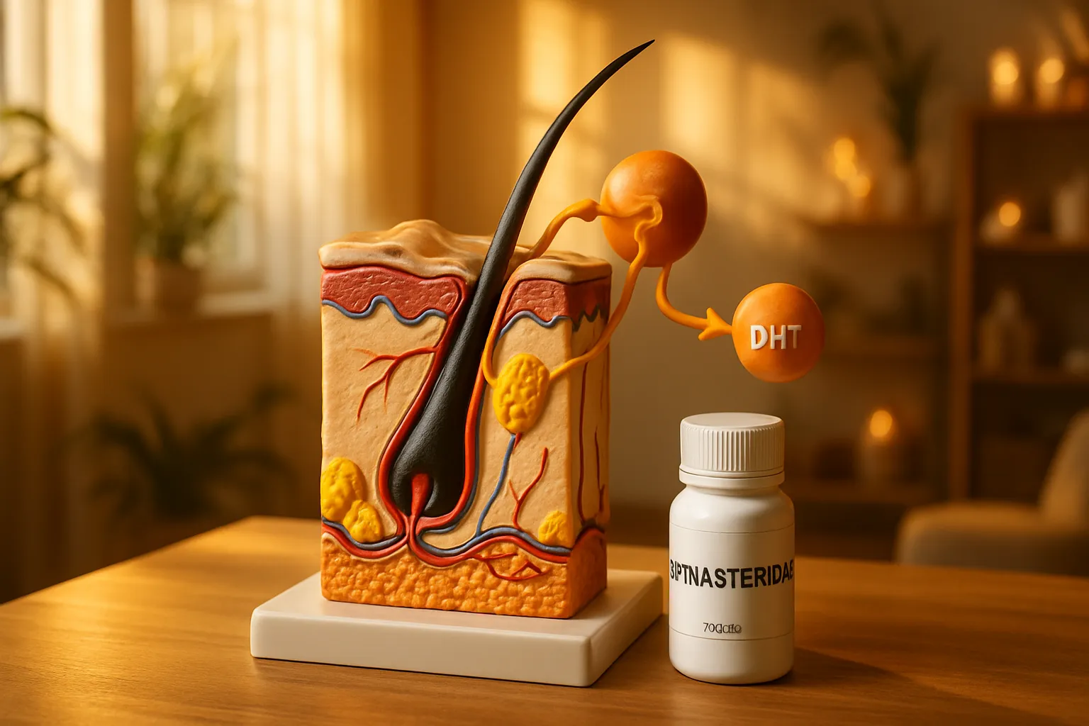 Mecanismo de Ação da Finasterida no Bloqueio de DHT Modelo anatômico educacional mostrando folículo capilar em corte transversal com via enzimática da 5-alfa-redutase e medicamento finasterida, ilustrando o mecanismo de bloqueio da conversão hormonal