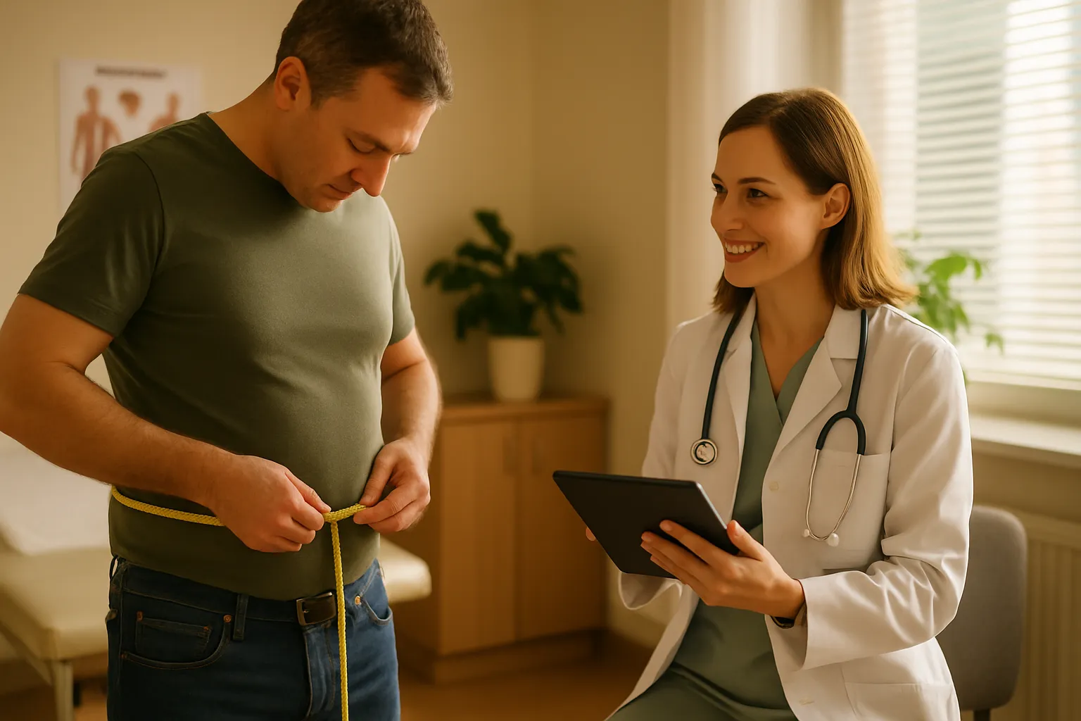 Paciente medindo circunferência abdominal enquanto profissional registra dados de composição corporal em tablet, demonstrando monitoramento metabólico