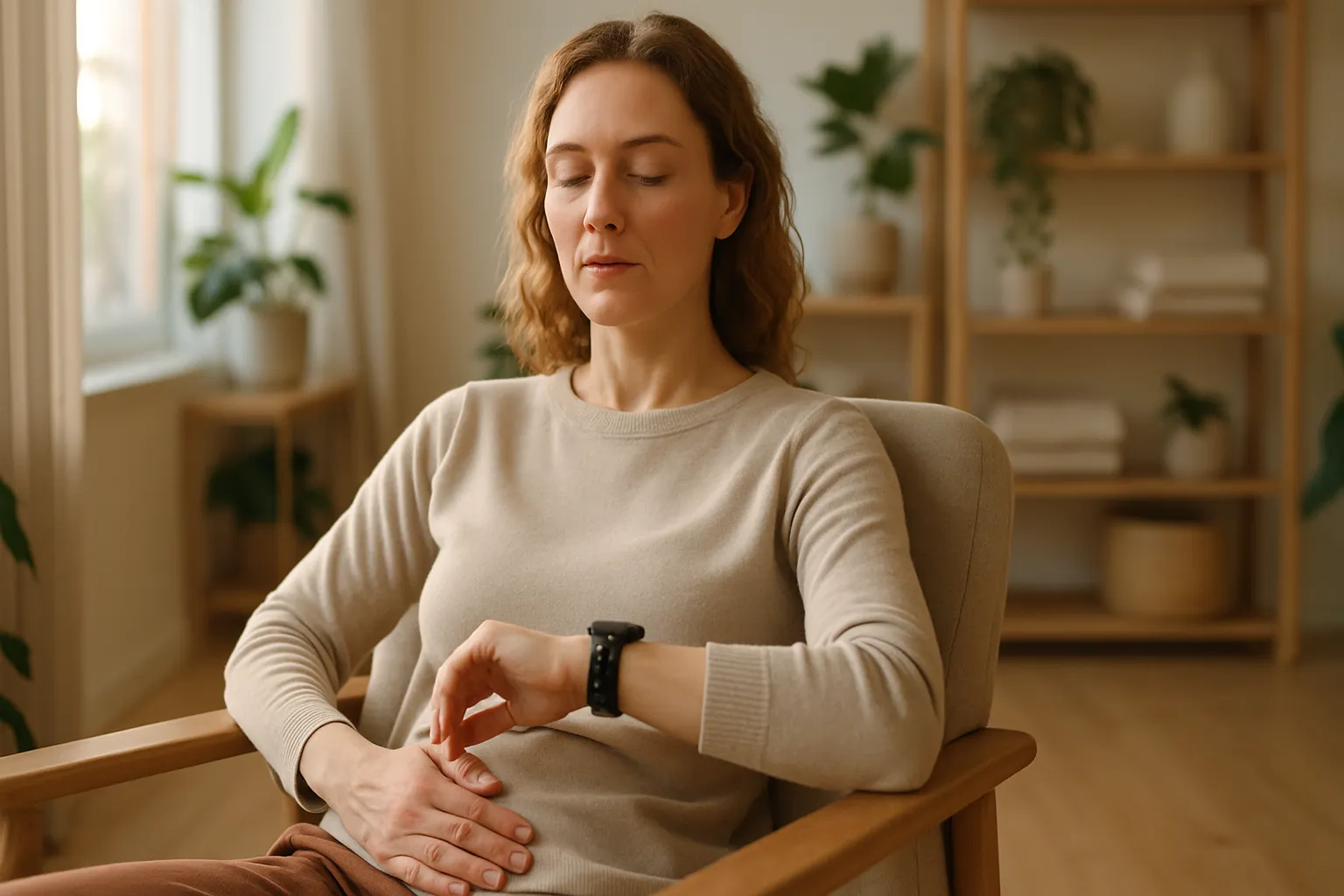 Monitoramento de Marcadores Fisiológicos de Calma Pessoa monitorando variabilidade da frequência cardíaca em smartwatch com expressão relaxada, demonstrando os efeitos calmantes da taurina nos marcadores fisiológicos de ansiedade