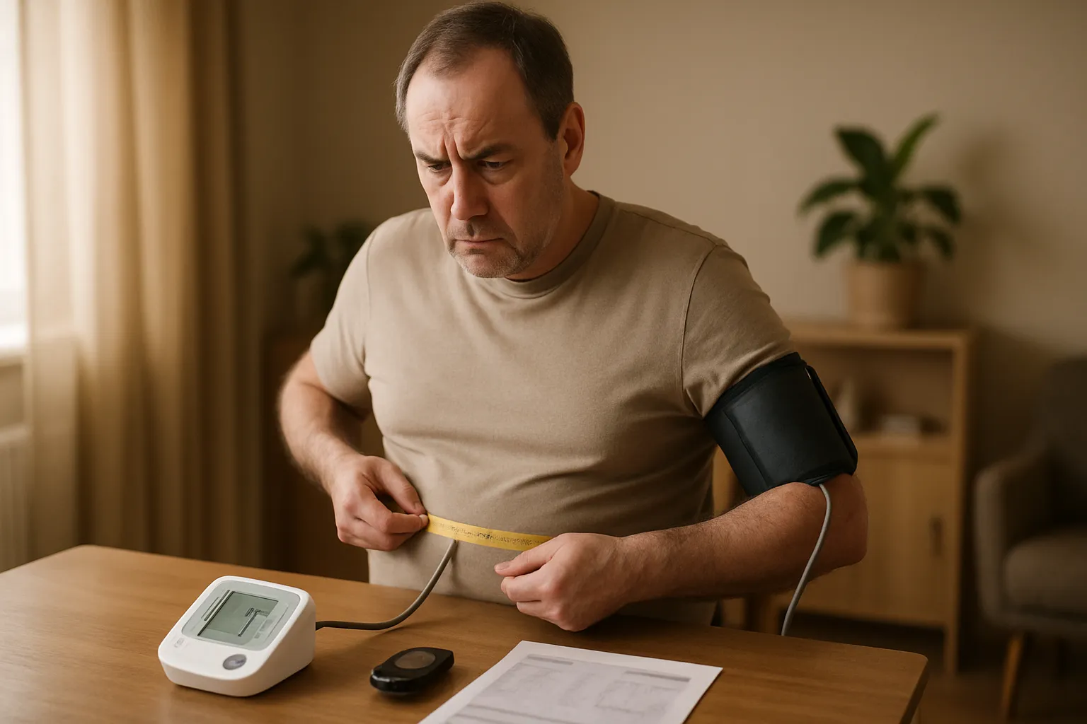 Medição de Marcadores Cardiometabólicos Paciente de meia-idade medindo circunferência abdominal e verificando resultados de pressão arterial e marcadores metabólicos em ambiente de consulta