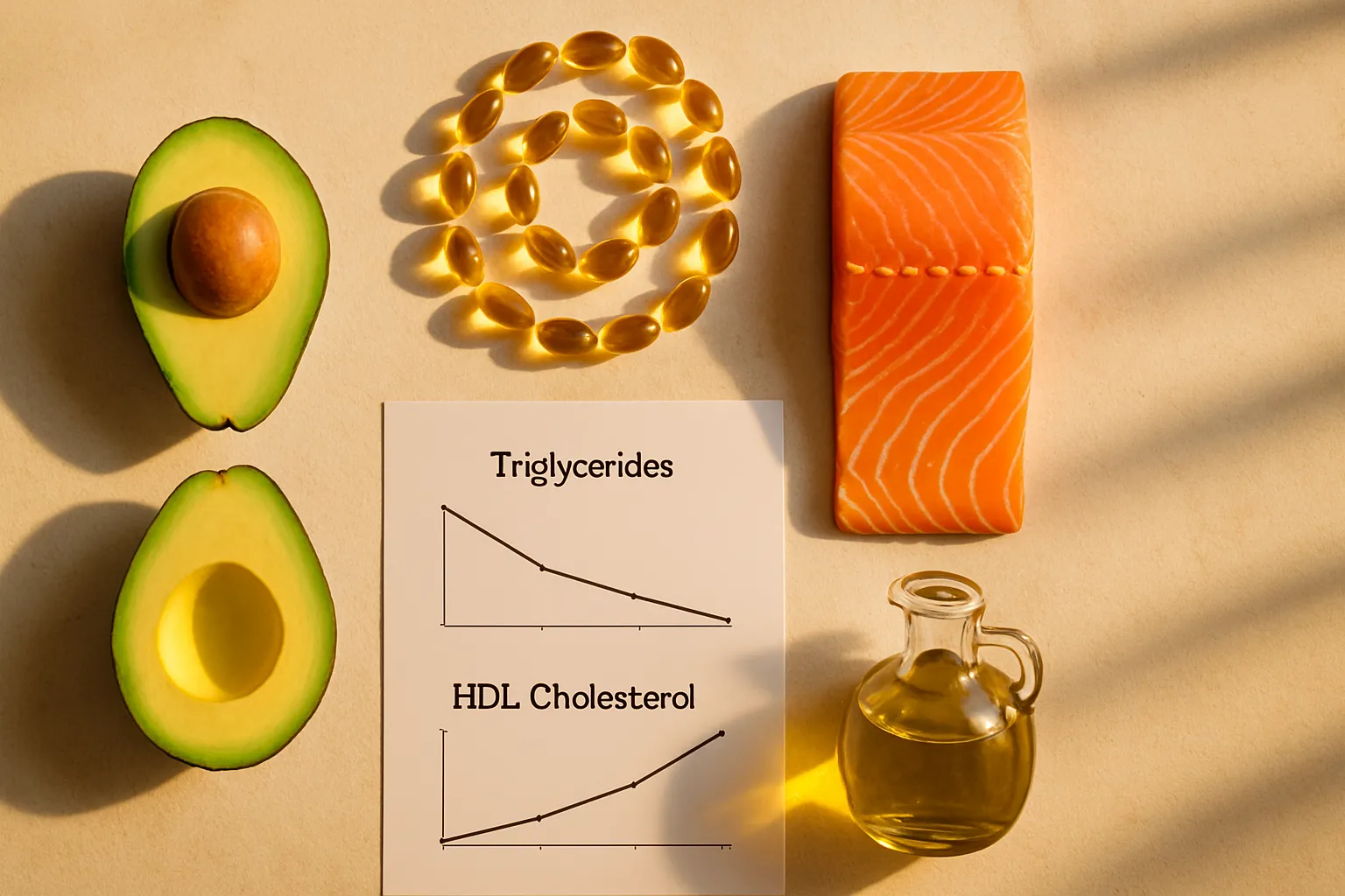 Metabolismo de Triglicérides e HDL Composição flat lay mostrando alimentos ricos em ômega-3 como salmão, abacate e azeite, junto com cápsulas de óleo de peixe, ilustrando a relação entre triglicérides e colesterol HDL