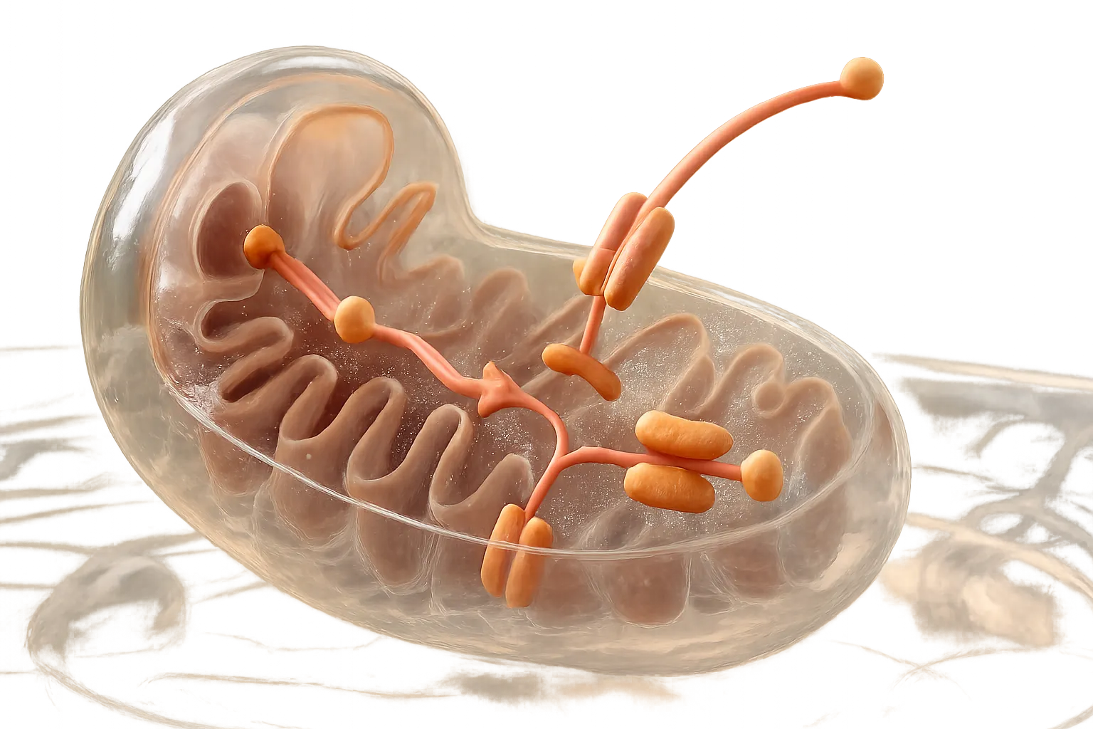 Modelo detalhado de mitocôndria demonstrando o mecanismo de transporte de ácidos graxos pela L-carnitina
