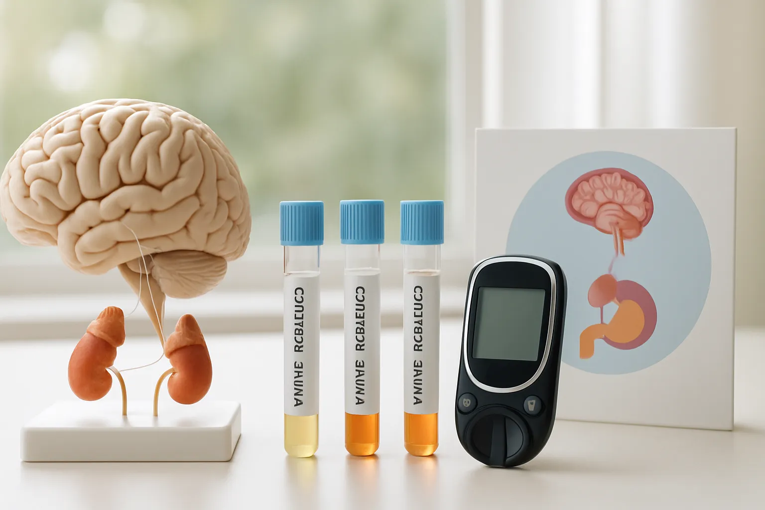 Modelo anatômico 3D do cérebro destacando hipotálamo e glândulas adrenais com tubos de teste de cortisol salivar, ilustrando o eixo HPA e sua relação com o apetite desregulado