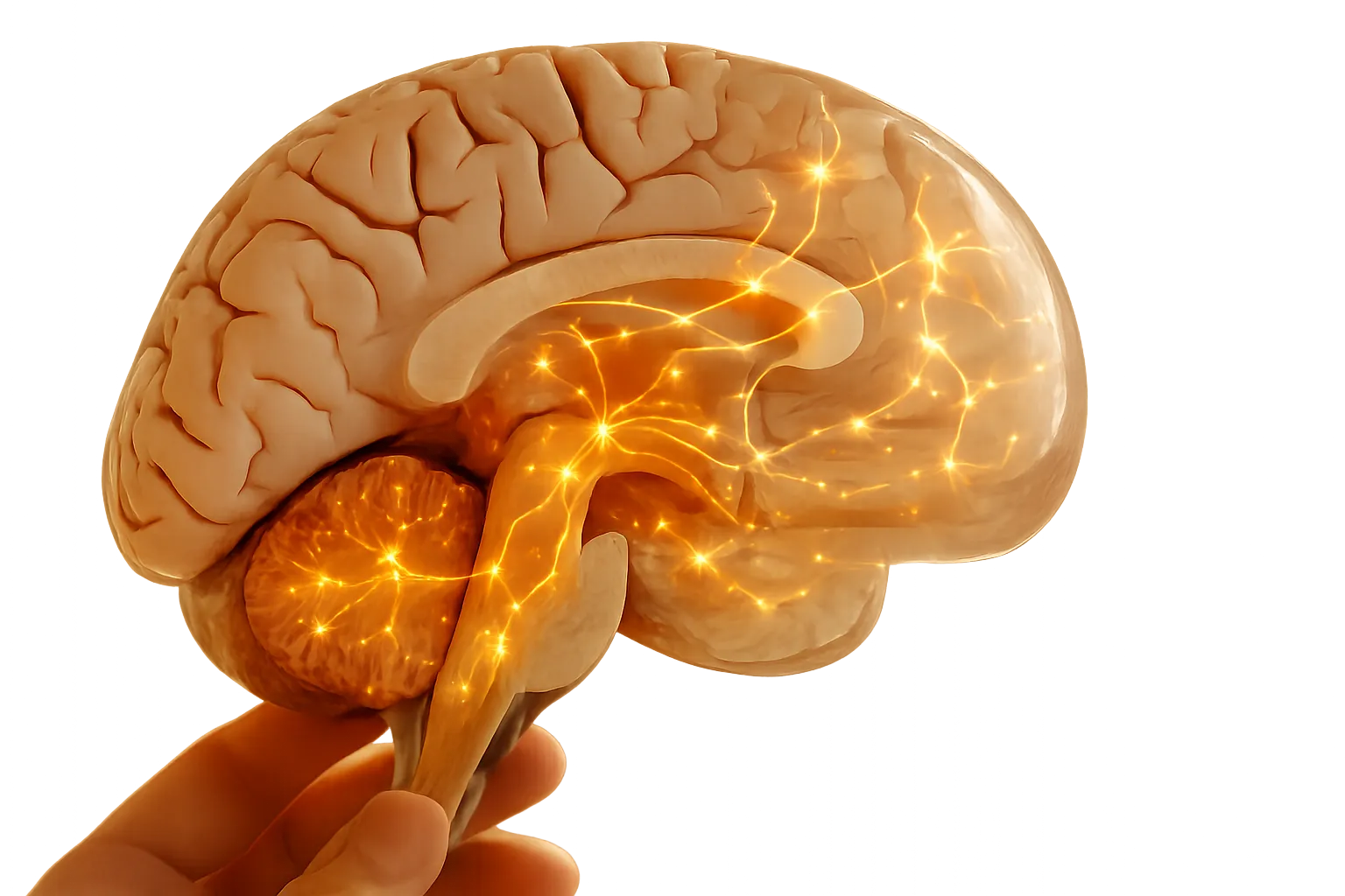 Modelo anatômico educacional do cérebro destacando hipocampo e vias de metabolismo de glicose cerebral