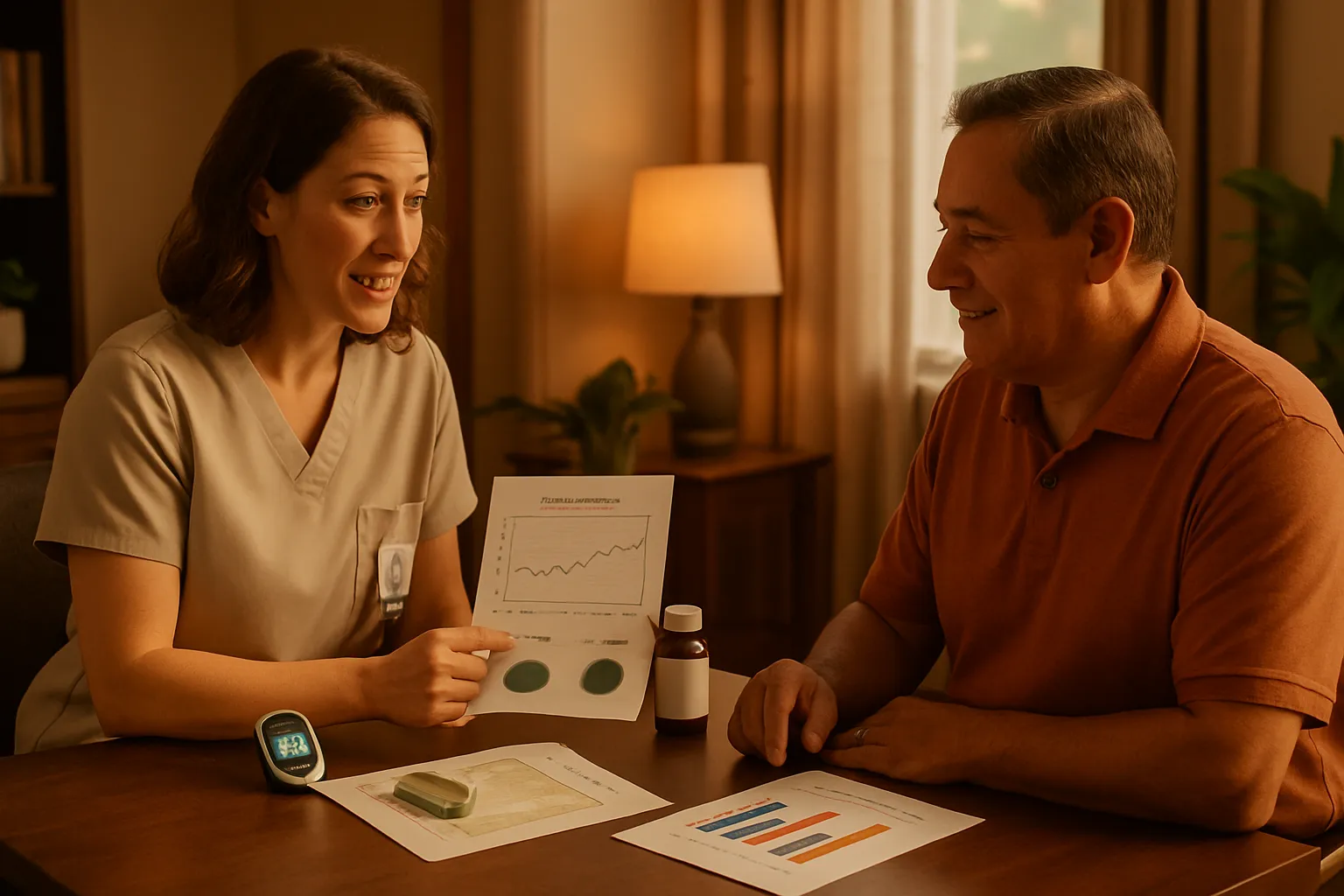 Especialista clínico revisando resultados de monitoramento glicêmico e hemoglobina glicada com paciente em protocolo de berberina, demonstrando acompanhamento profissional