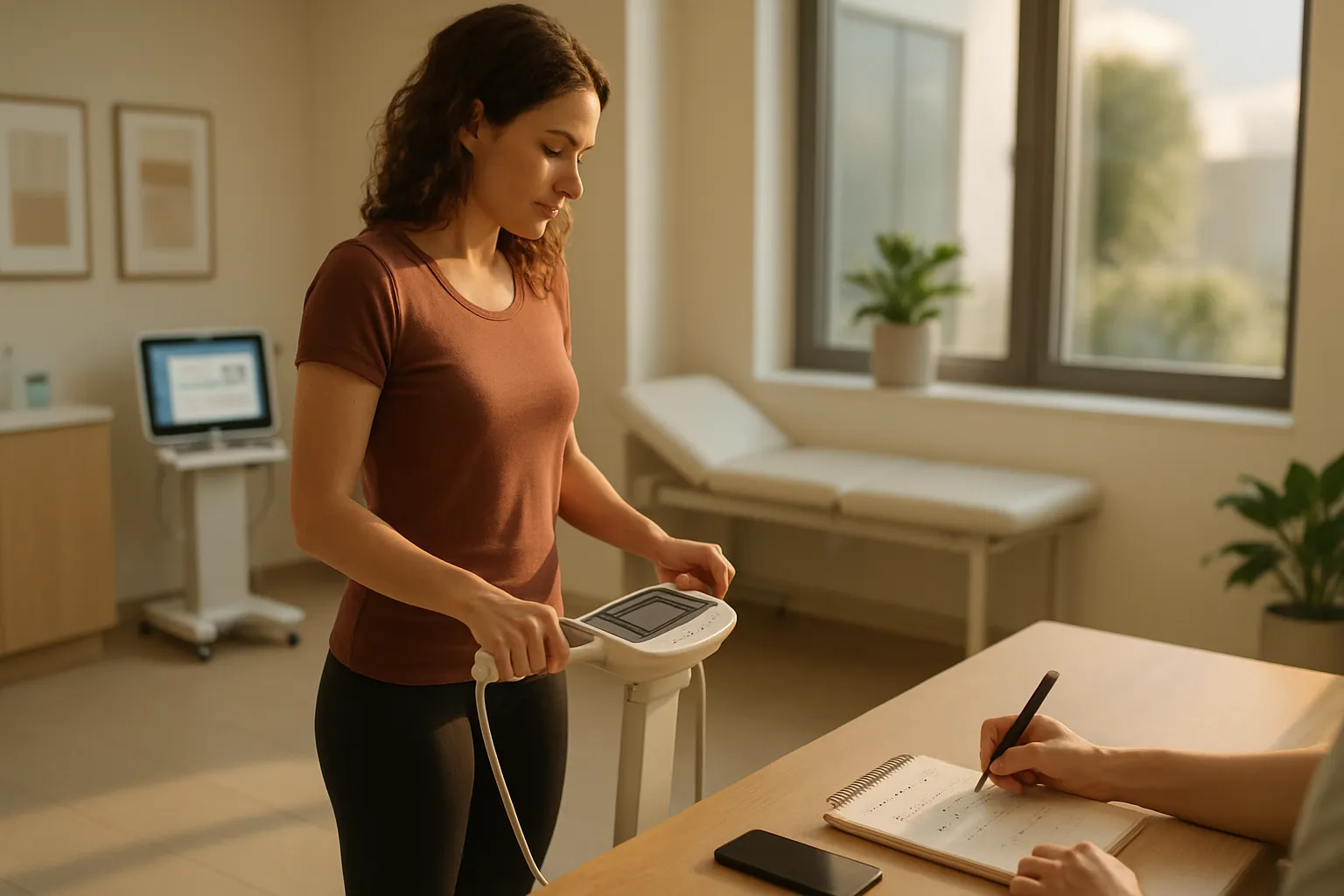 Paciente monitorando marcadores metabólicos com monitor de composição corporal, demonstrando estratégia inteligente de manutenção de peso