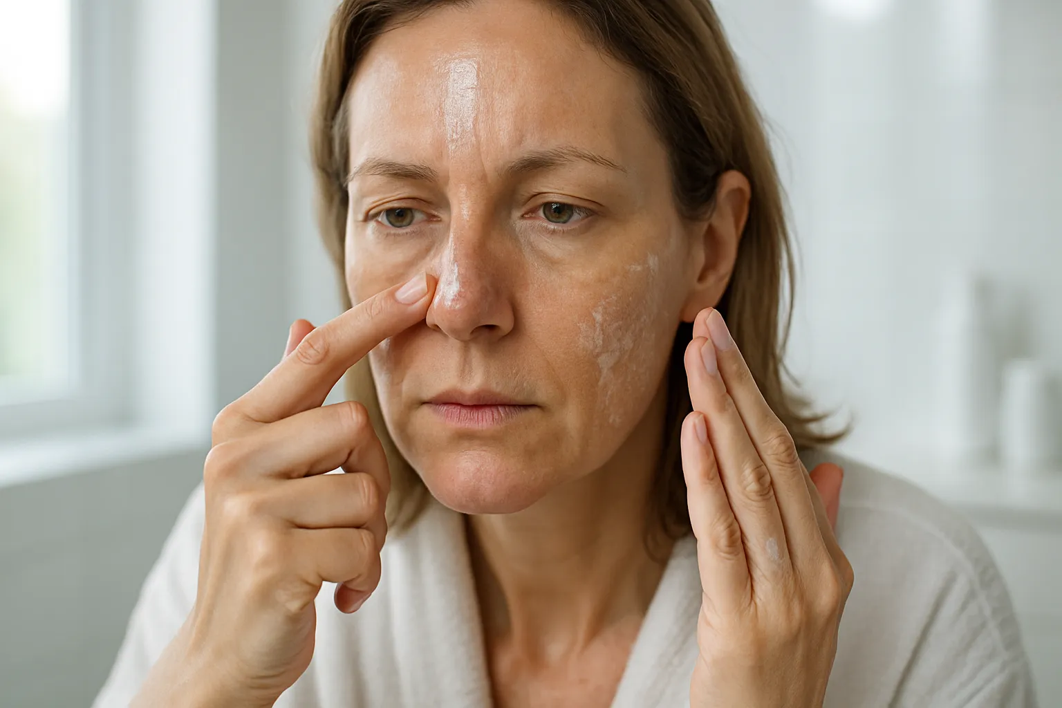 Mulher na meia-idade aplicando produtos diferentes em zonas de pele mista, mostrando oleosidade na zona T e ressecamento nas bochechas