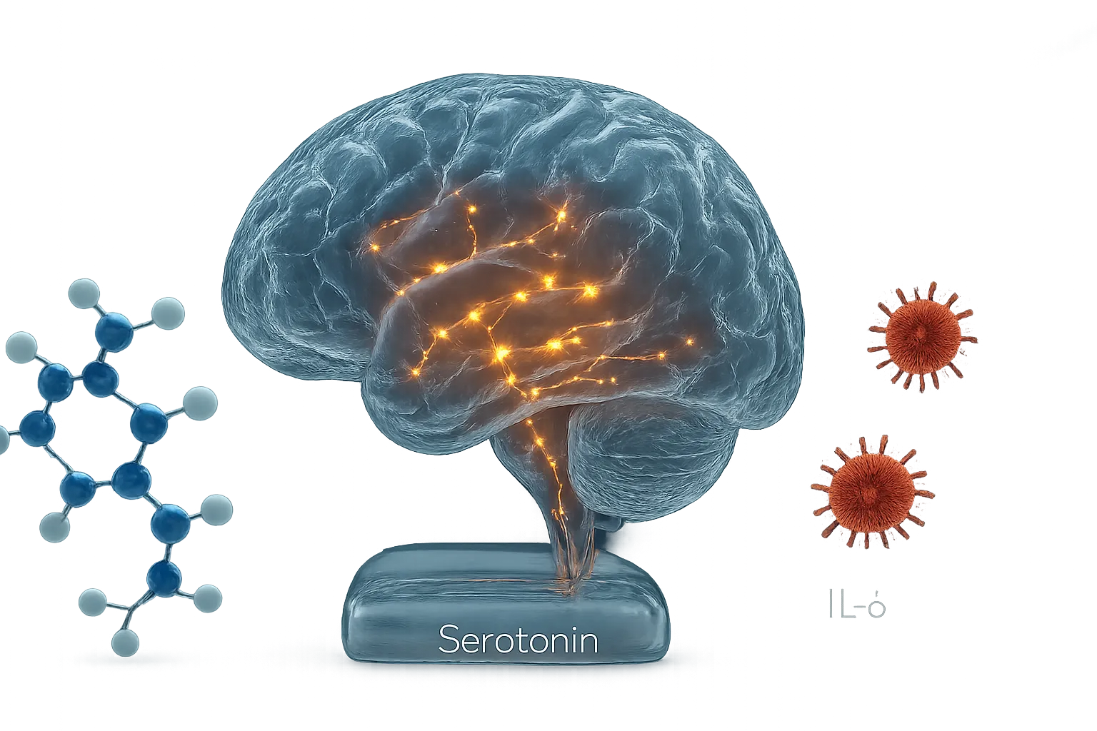Modelo anatômico do cérebro mostrando vias de neurotransmissores e marcadores inflamatórios que afetam a produção de serotonina e humor