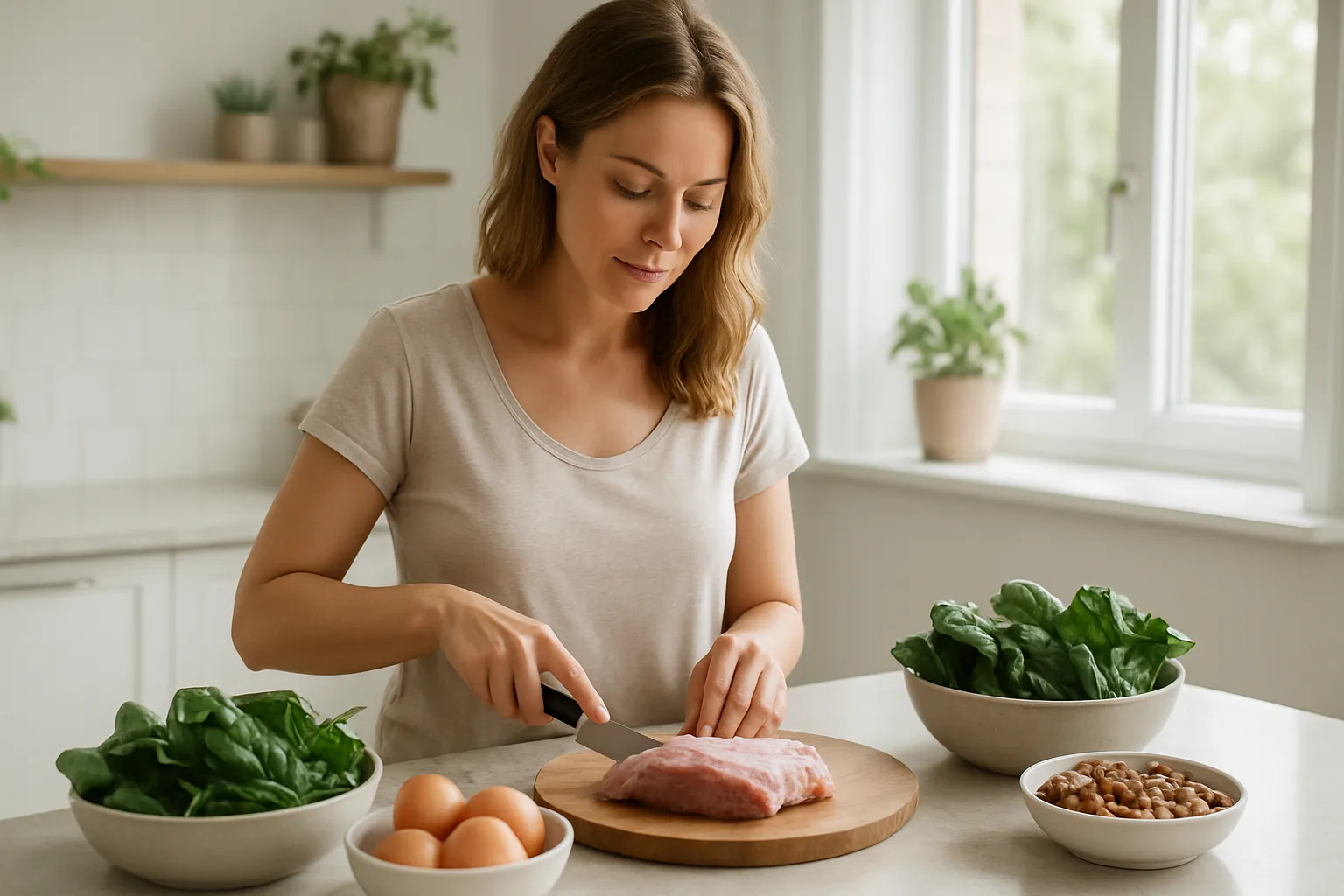 Mulher preparando refeição rica em proteínas e ferro com carnes magras, vegetais verdes escuros, ovos e castanhas para recuperação capilar pós-parto