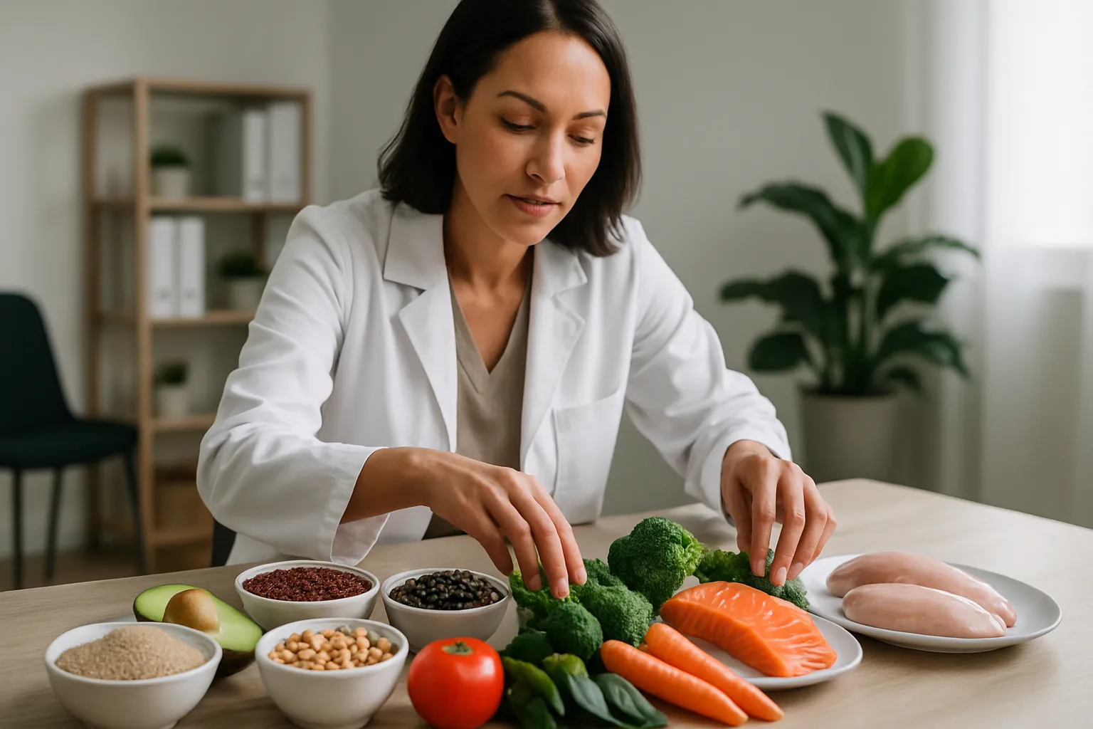 Nutricionista Preparando Plano Alimentar Equilibrado Nutricionista preparando plano alimentar diversificado e equilibrado, demonstrando alternativas saudáveis sem restrições excessivas