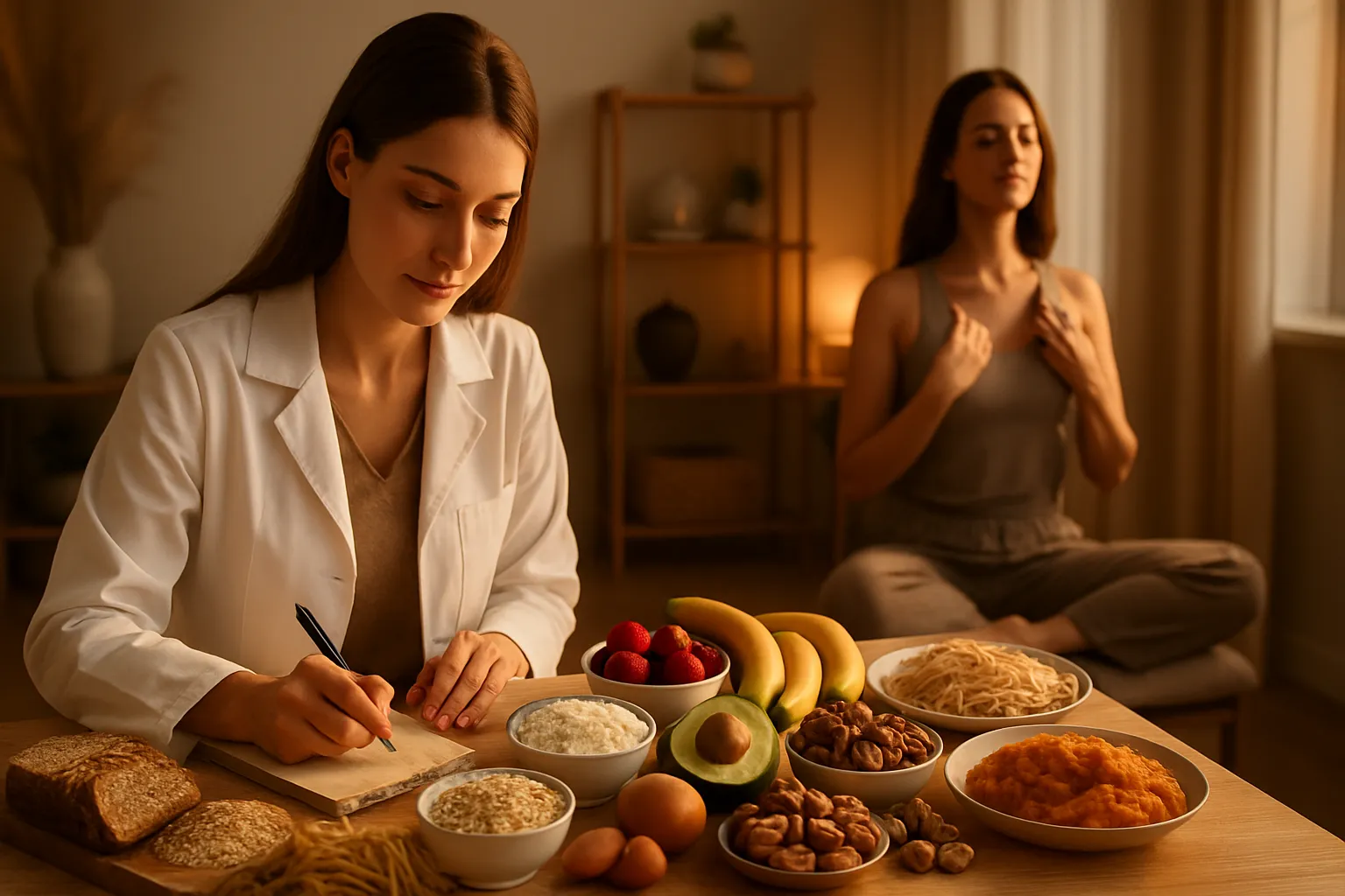 Nutricionista Preparando Protocolo de Recuperação Nutricional Nutricionista preparando plano alimentar abundante com alimentos ricos em carboidratos e gorduras saudáveis para recuperação de amenorreia, enquanto paciente pratica exercícios de respiração e meditação em ambiente holístico acolhedor