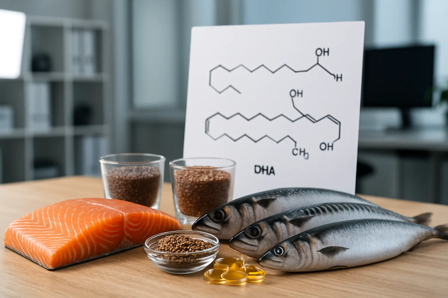 Alimentos ricos em ômega-3 como salmão selvagem, sardinha e sementes, junto com suplementos de EPA e DHA para combater inflamação cerebral