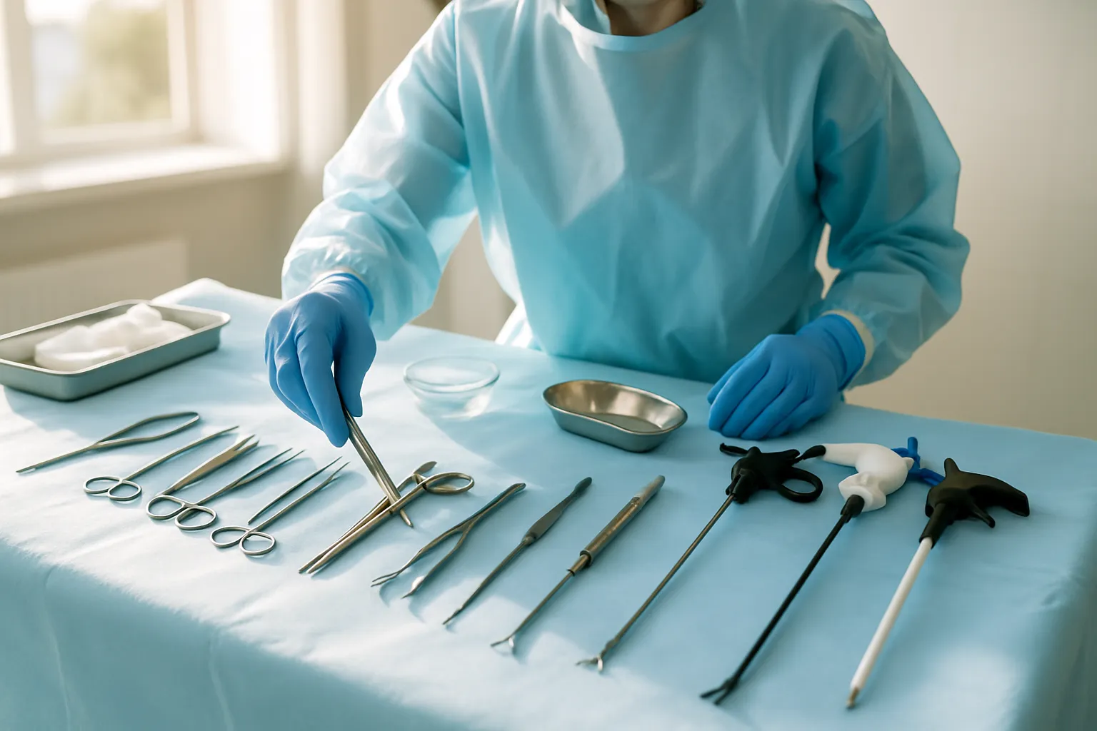 Profissional de saúde preparando instrumentos microcirúrgicos para correção de varicocele, mostrando opções modernas de tratamento minimamente invasivo