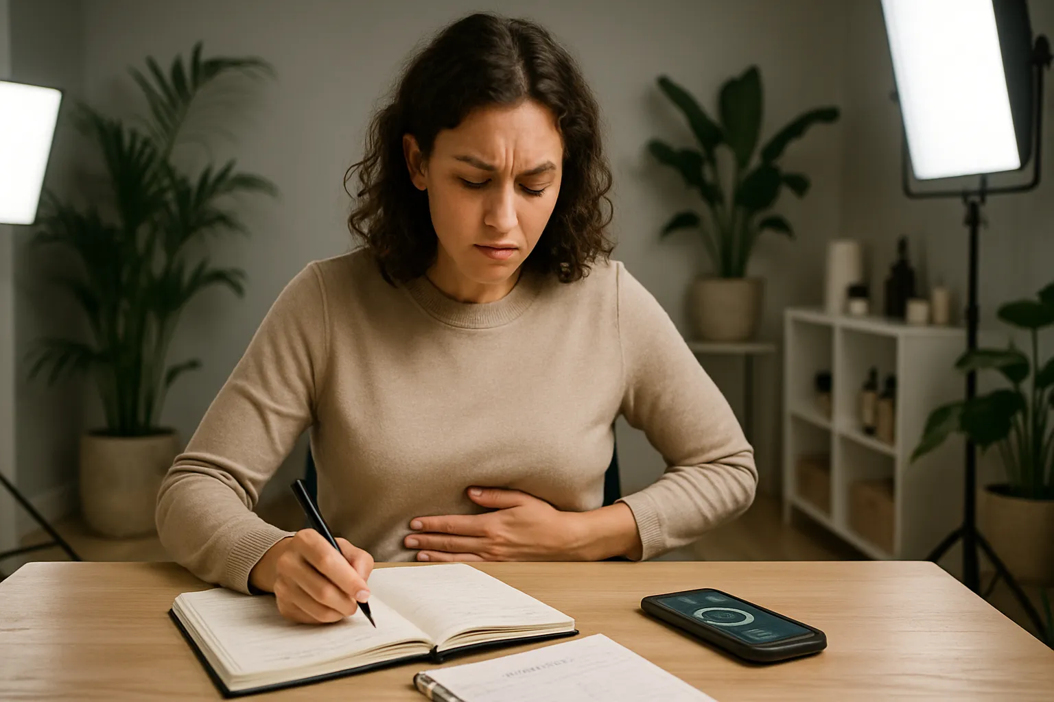 Paciente Documentando Sintomas de Reação Alimentar Paciente documentando sintomas digestivos em diário alimentar durante protocolo de eliminação de glúten, soja e milho