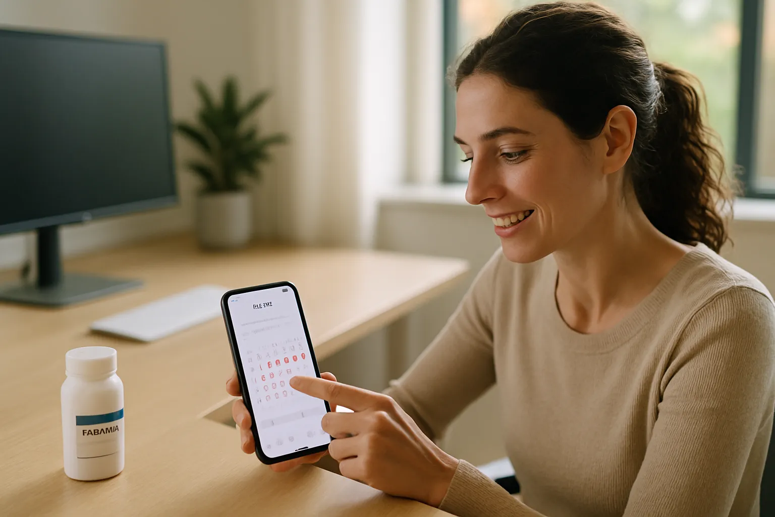 Paciente mulher registrando com alívio a regularização de seu ciclo menstrual após tratamento com metformina para PCOS, demonstrando os benefícios do medicamento além do diabetes