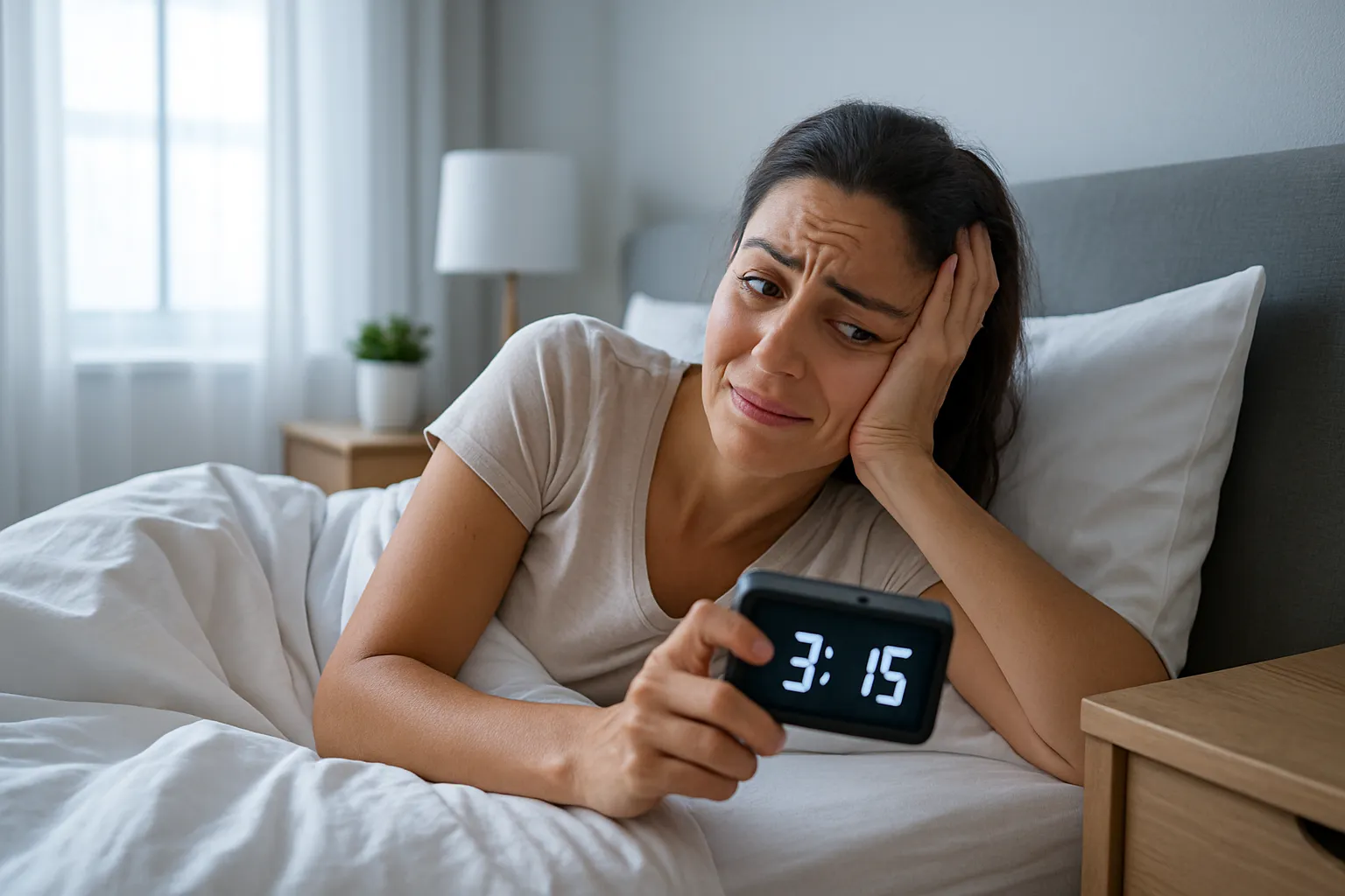 Pessoa com Insônia Crônica Pessoa acordada durante a madrugada mostrando frustração com insônia crônica, deitada na cama sem conseguir dormir