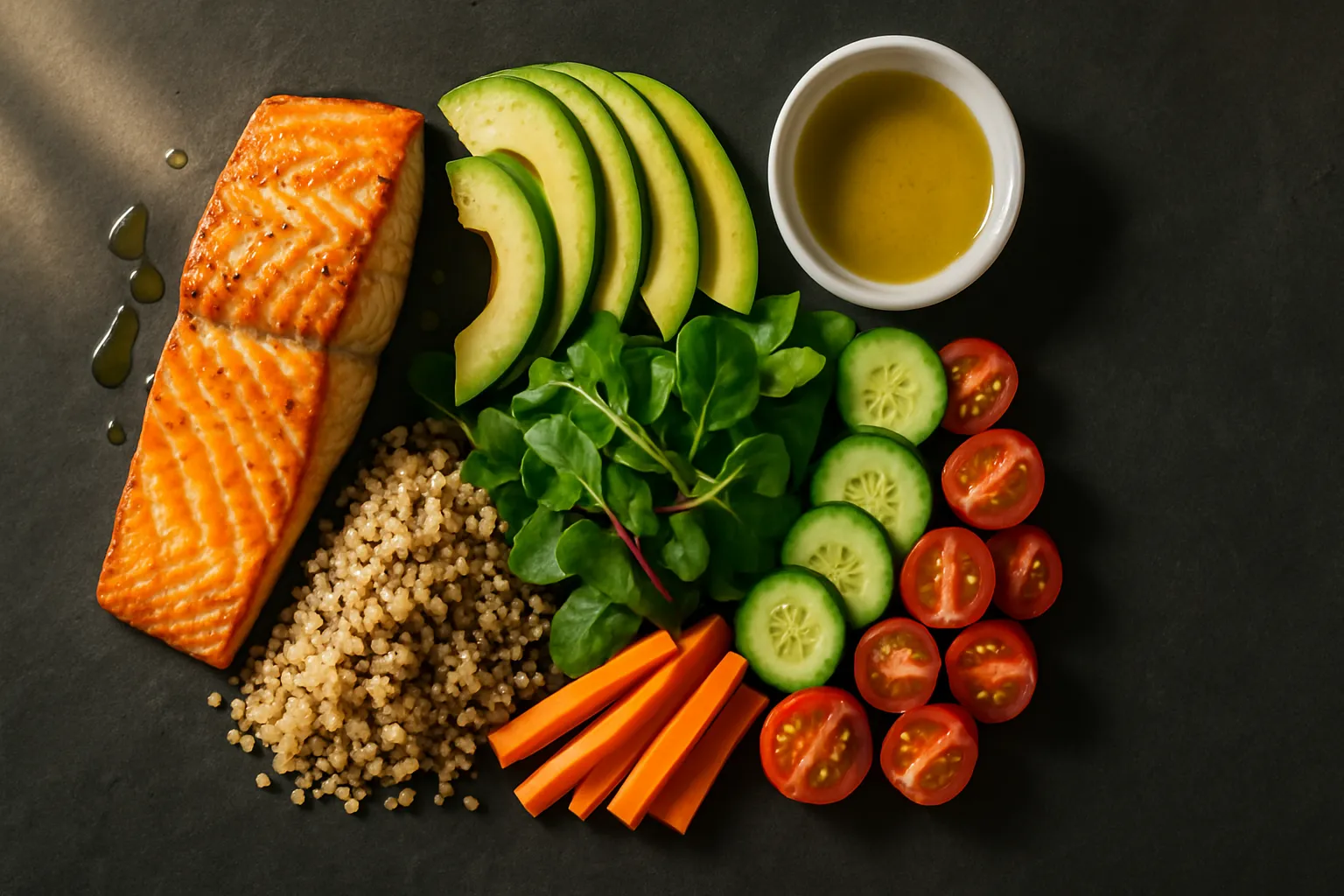 Refeição equilibrada com salmão, abacate, vegetais e gorduras saudáveis demonstrando combinação ideal de proteína, carboidratos e gorduras para estabilidade hormonal