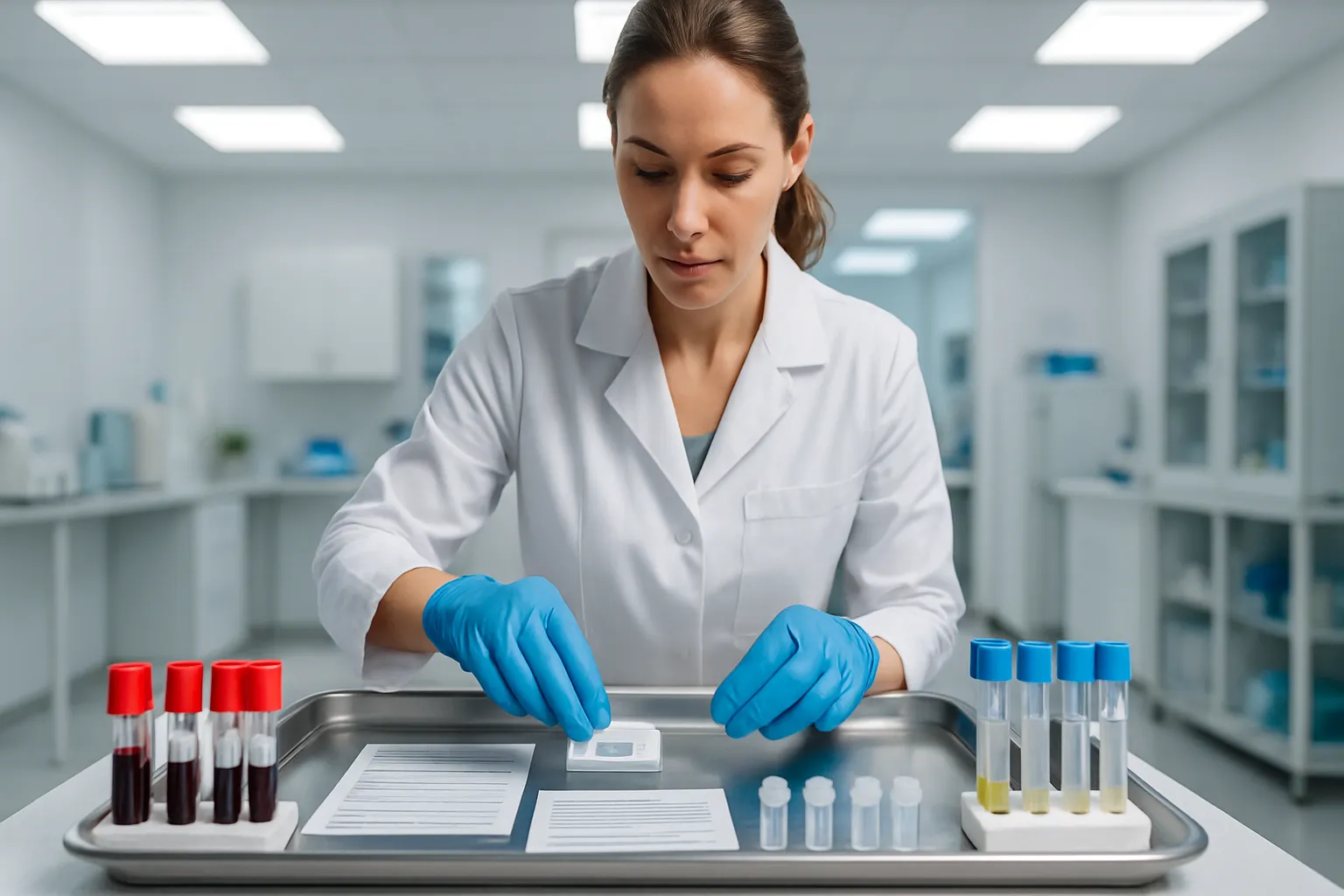 Médico especialista preparando materiais para avaliação metabólica completa incluindo testes de insulina, tireoide, cortisol e marcadores inflamatórios em clínica contemporânea