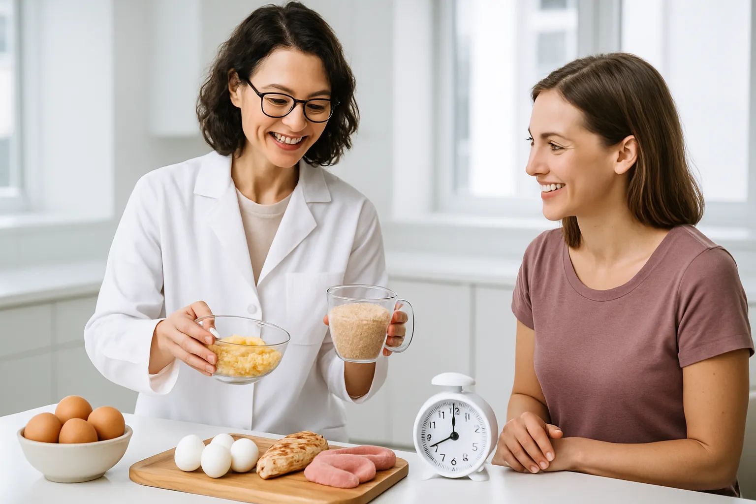Profissional de saúde orientando paciente sobre preparação de café da manhã rico em proteínas para modular os níveis de ghrelina