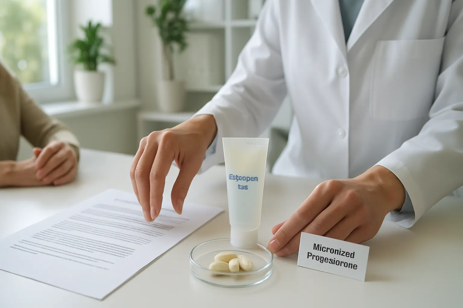Profissional preparando terapia de reposição hormonal personalizada com estrogênio transdérmico e progesterona micronizada para tratamento da perimenopausa
