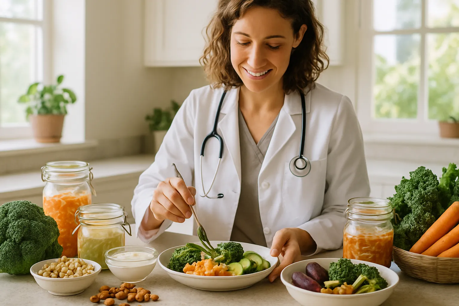 Profissional preparando refeição rica em prebióticos e fibras para suporte da microbiota intestinal