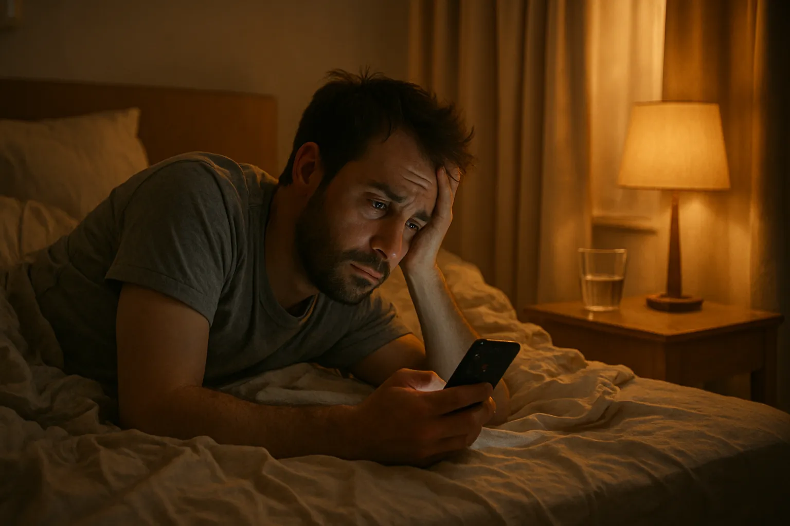 Privação de Sono e Desregulação Hormonal Pessoa exausta acordada na cama de madrugada verificando relógio, demonstrando privação de sono que afeta hormônios leptina e grelina