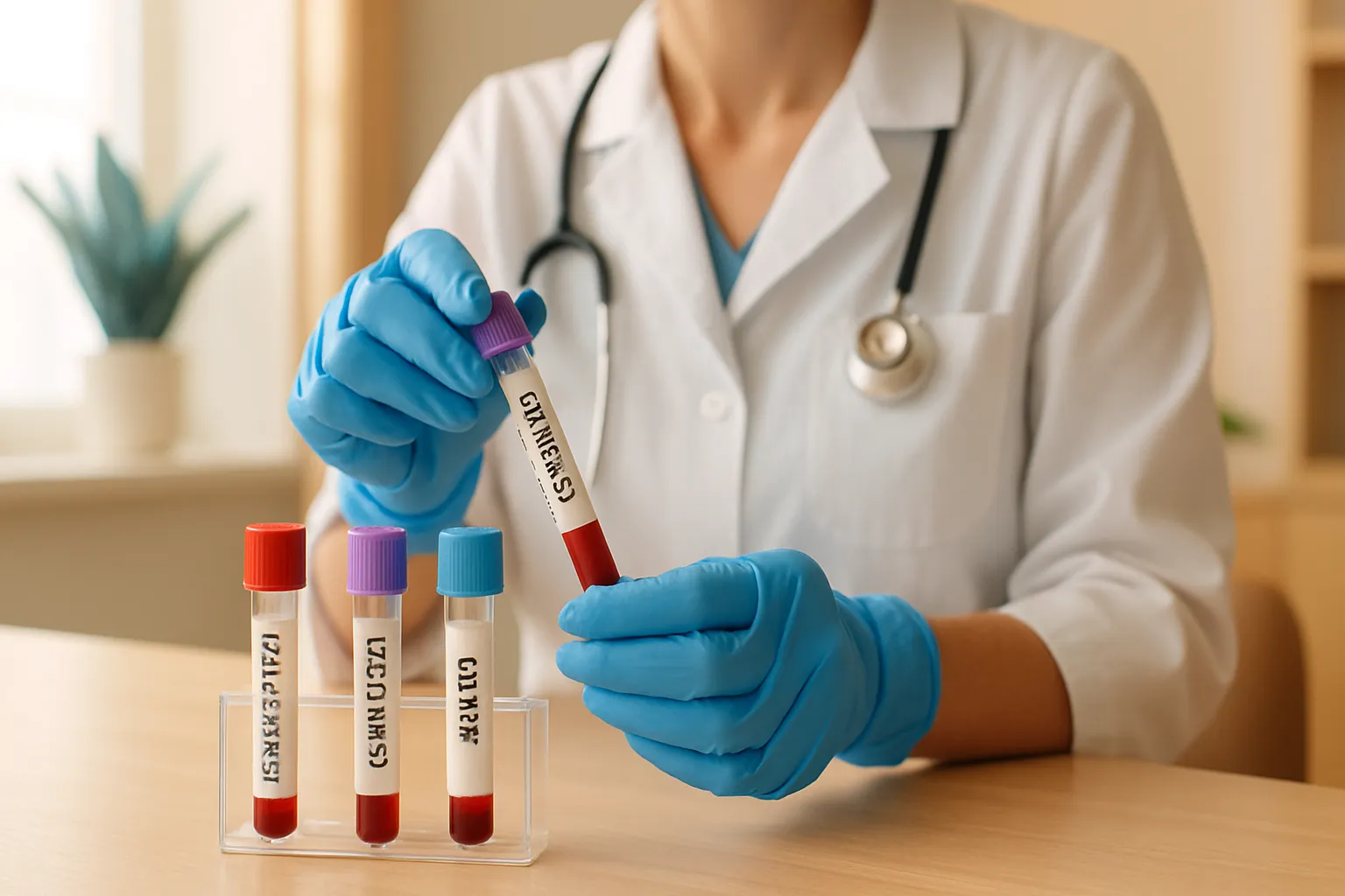 Profissional de saúde preparando coleta de exames hormonais com tubos especializados para testosterona, estradiol e SHBG organizados sequencialmente em ambiente clínico iluminado