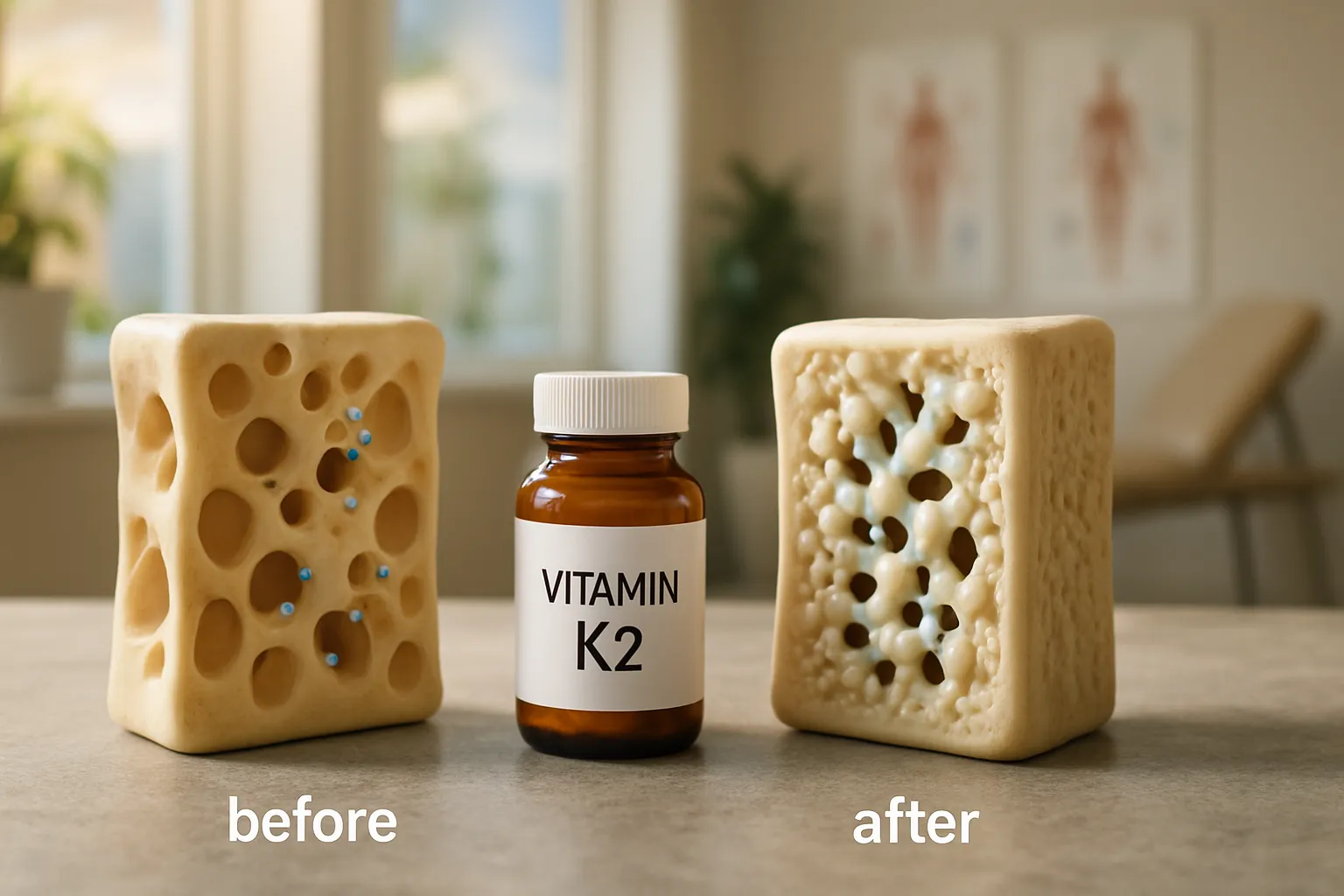 Processo de Ativação da Osteocalcina Comparação visual do processo de ativação da osteocalcina pela vitamina K2, mostrando a transformação da estrutura óssea antes e depois da mineralização adequada do cálcio