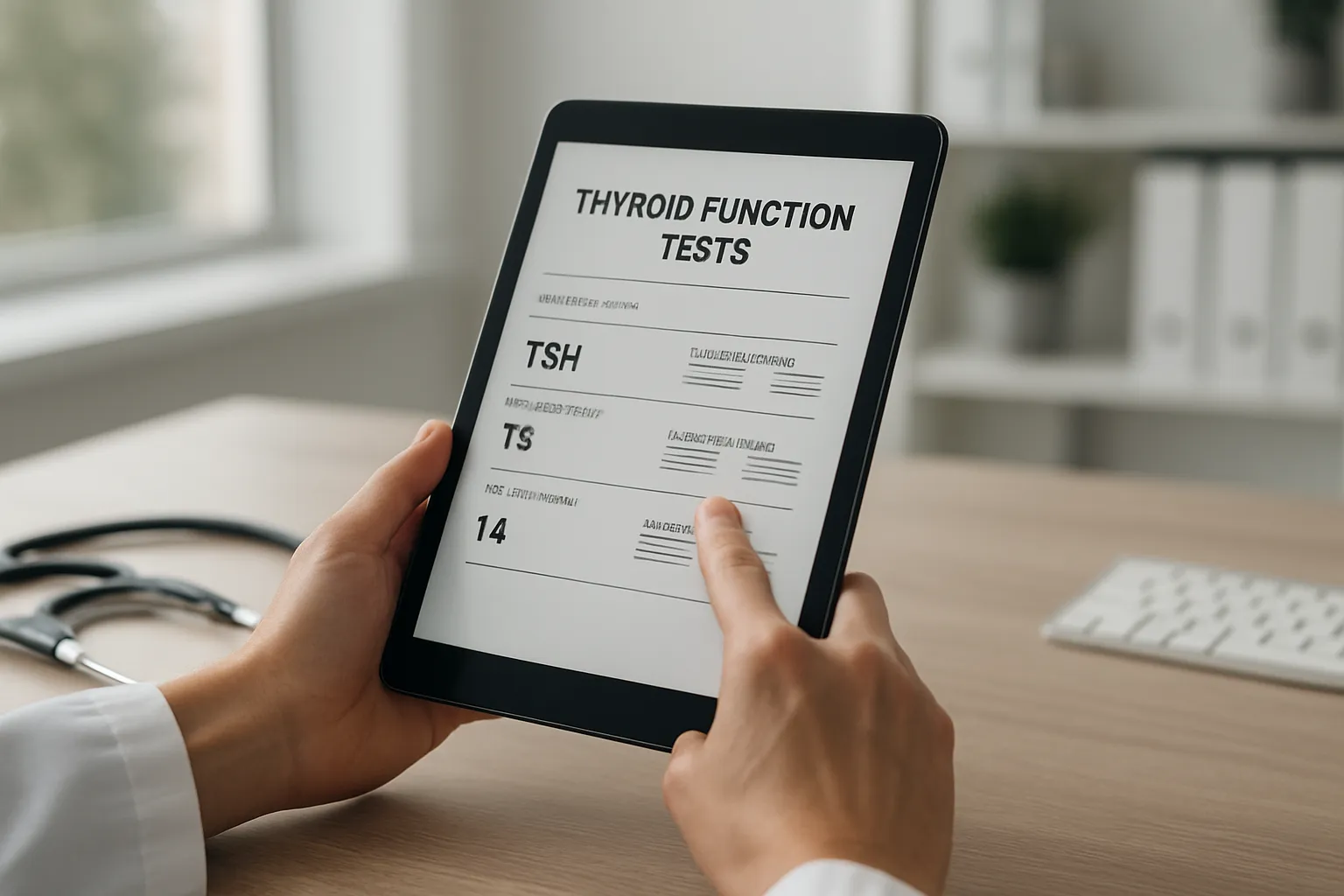 Mãos de profissional de saúde analisando resultados de exames de função tireoidiana em tablet, com relatórios laboratoriais de TSH, T3 e T4