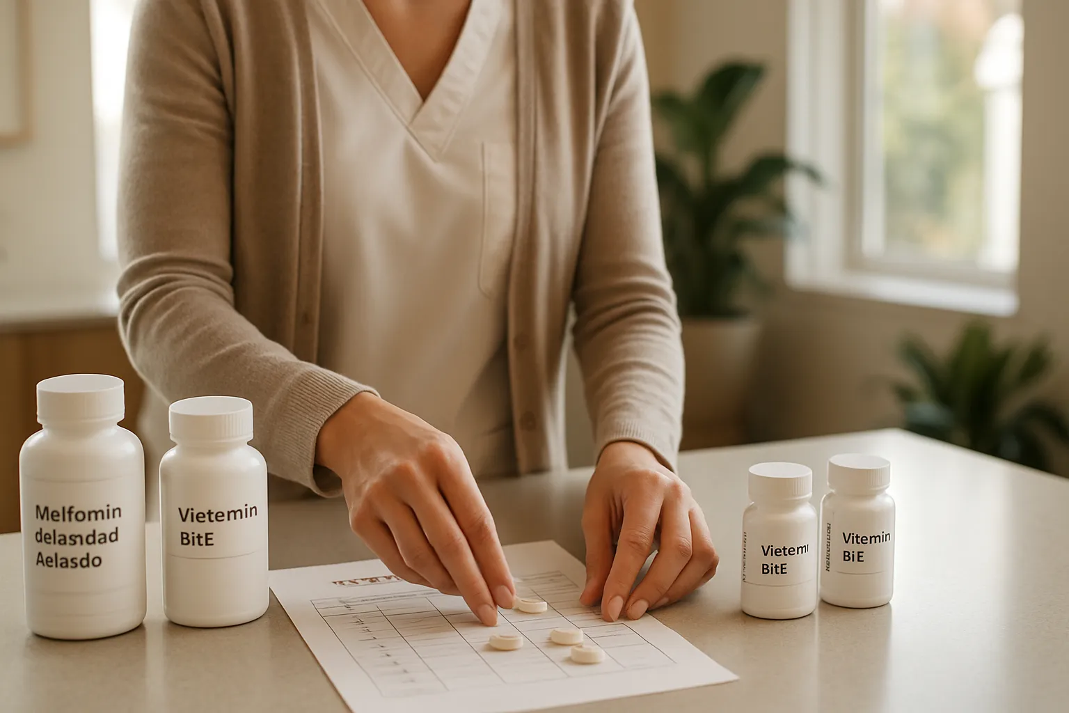 Profissional de saúde preparando protocolo personalizado com metformina de liberação prolongada e suplementação de vitamina B12, demonstrando estratégias para melhor tolerabilidade do tratamento