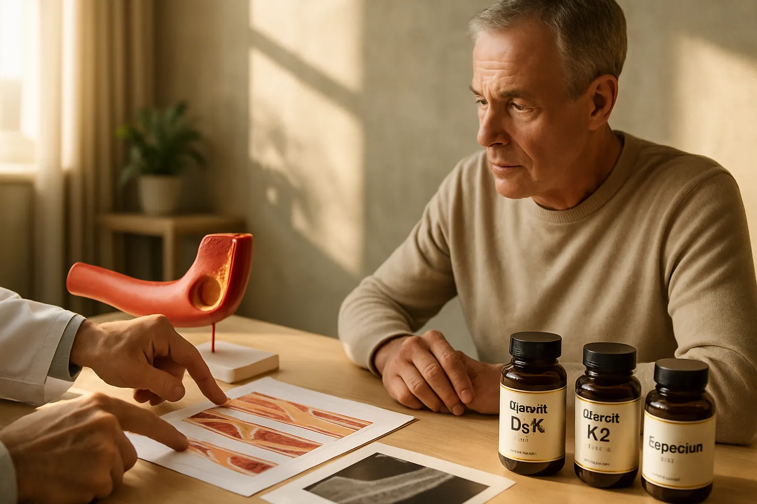 Proteção Arterial e Saúde Cardiovascular Avaliação de saúde cardiovascular mostrando a tríade de suplementos (vitamina D3, K2 e magnésio) com foco na proteção arterial e prevenção de calcificação vascular