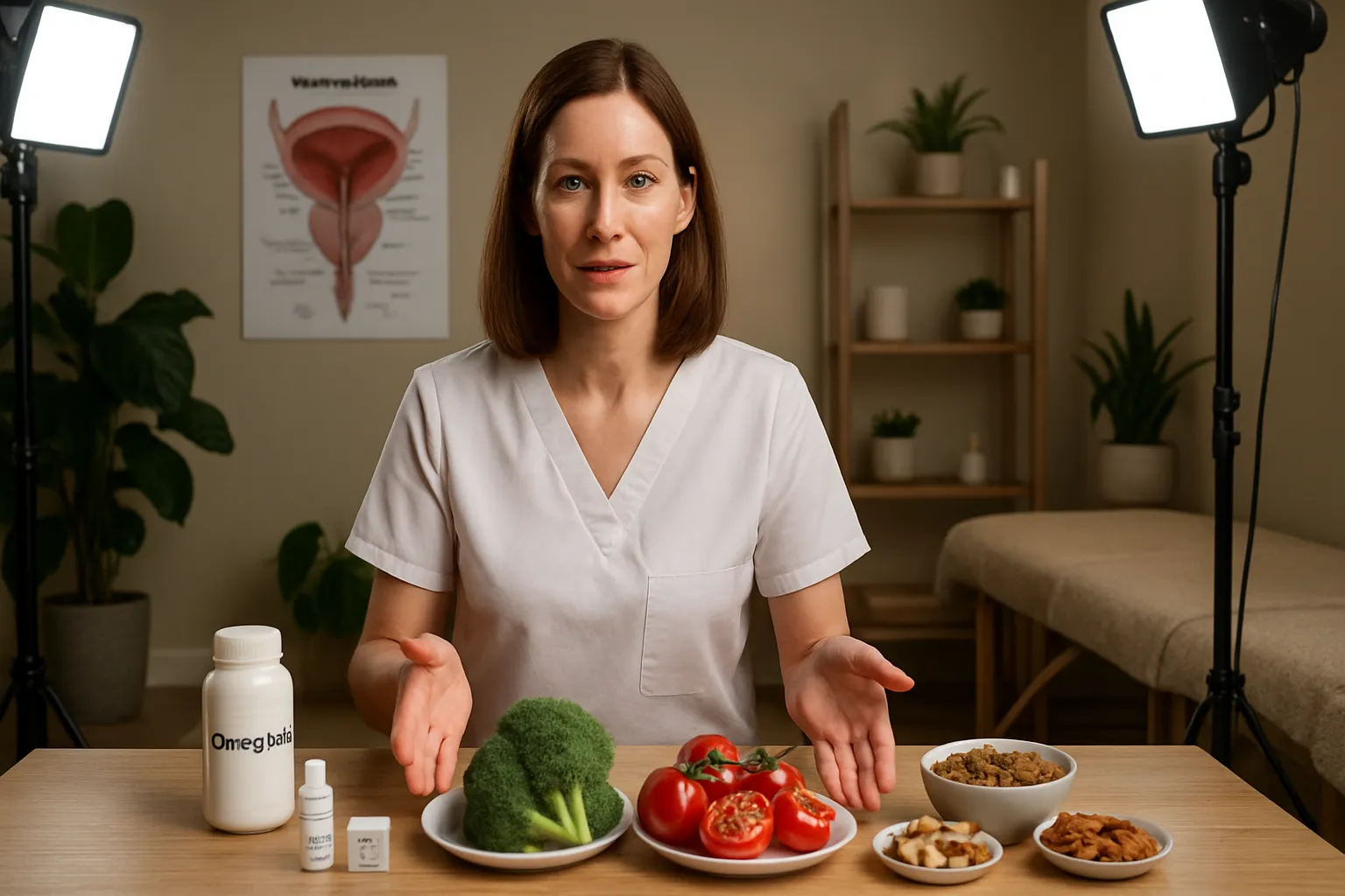 Especialista clínico demonstrando protocolo anti-inflamatório para saúde prostática com suplementos ômega-3, vegetais crucíferos, alimentos ricos em licopeno e kit de teste de proteína C-reativa