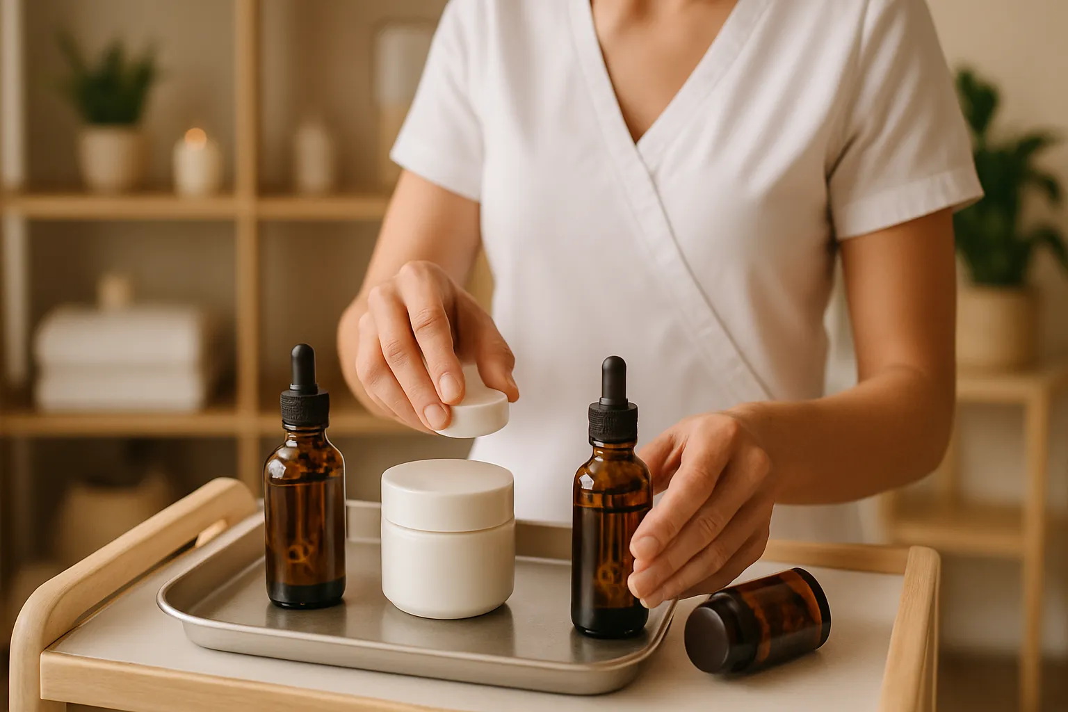 Profissional de saúde preparando protocolo personalizado para tratamento de melasma com séruns clareadores e suplementos para equilíbrio hormonal organizados em bandeja