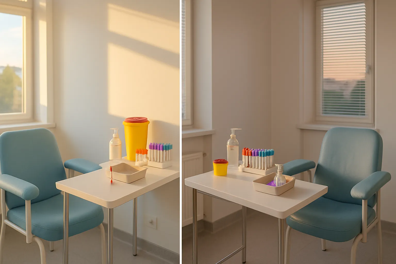 Protocolo de Coleta Hormonal em Diferentes Horários Protocolo visual de coleta de exames hormonais mostrando setup matinal e noturno em estação de flebotomia de clínica contemporânea