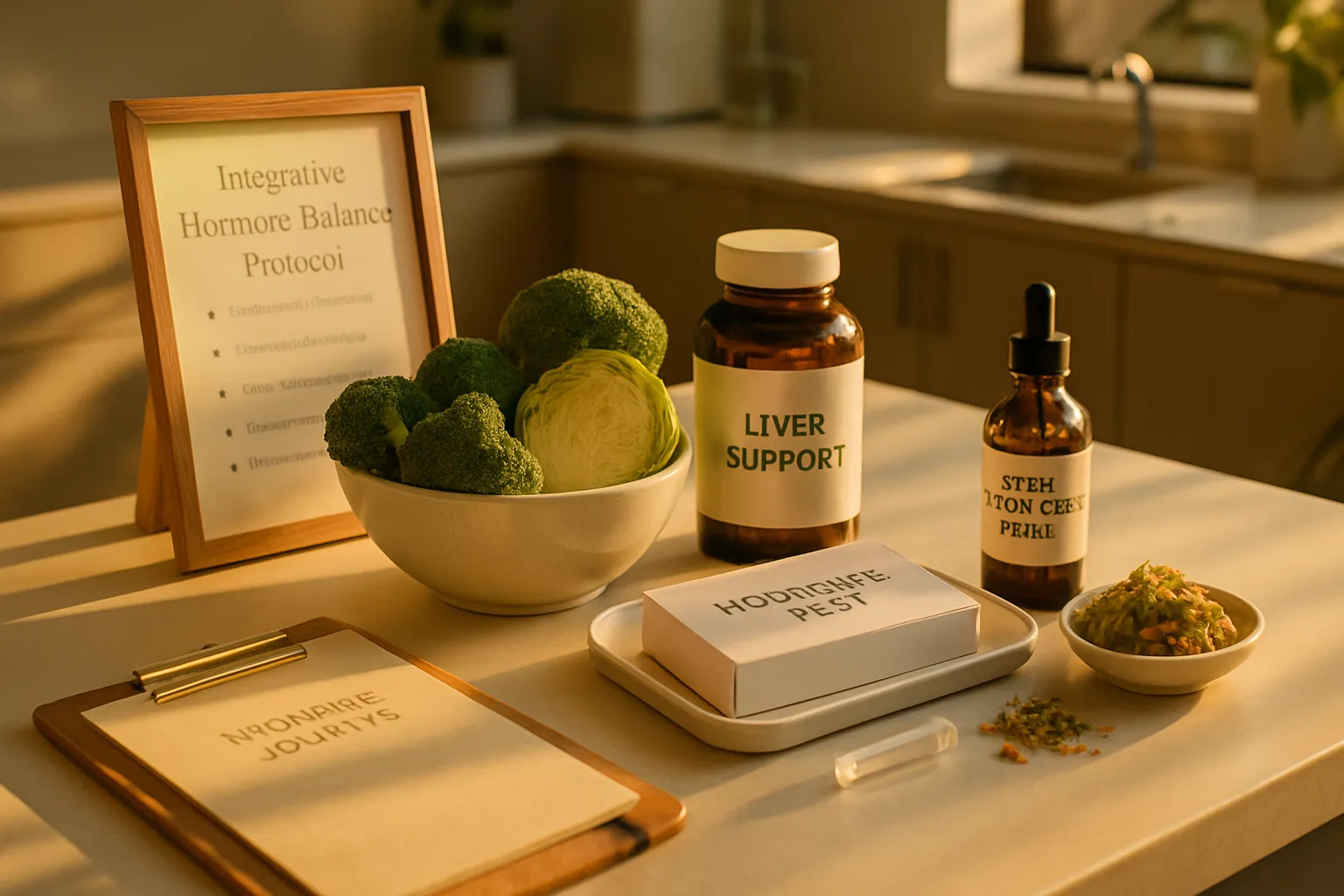 Estação de bem-estar em clínica moderna com protocolo integrativo: vegetais crucíferos, suplementos para suporte hepático, ervas anti-inflamatórias e kit de teste hormonal