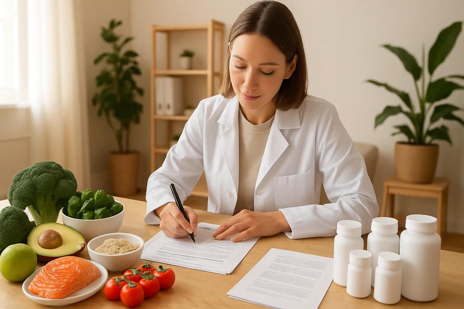 Especialista clínico preparando plano nutricional personalizado e protocolo de suplementação com ingredientes saudáveis ao lado, cena de preparação para consulta