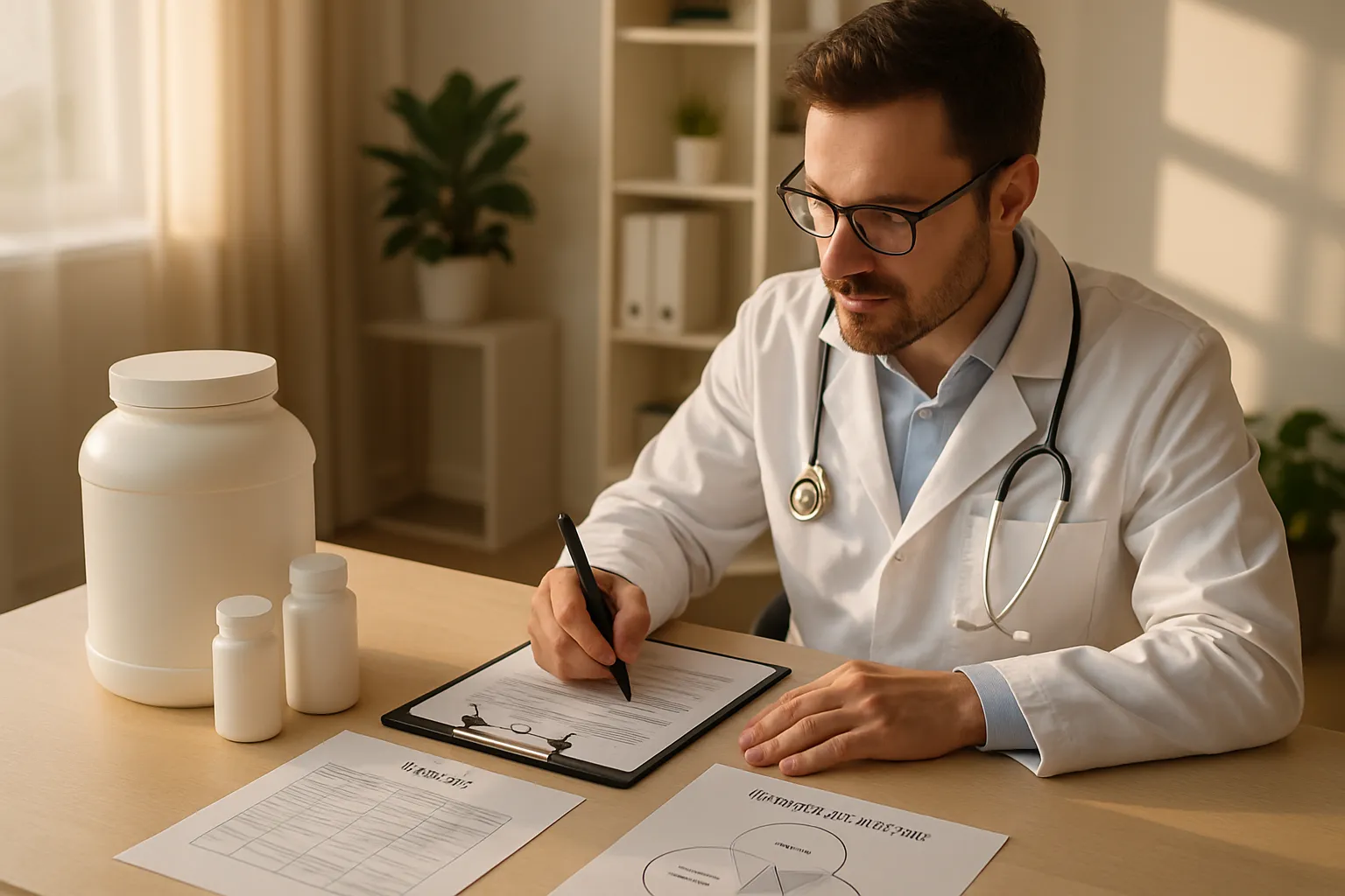 Médico especialista preparando protocolo personalizado de manutenção com suplementos proteicos, plano alimentar e ferramentas de avaliação hormonal