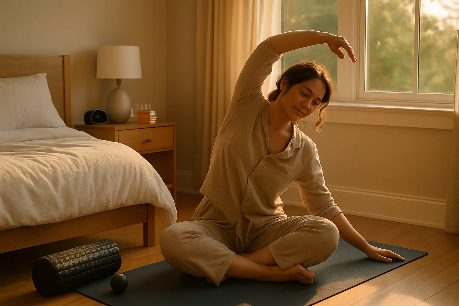 Cena tranquila de quarto ao entardecer com pessoa fazendo alongamento suave, rolo de massagem e suplementos para sono preparados
