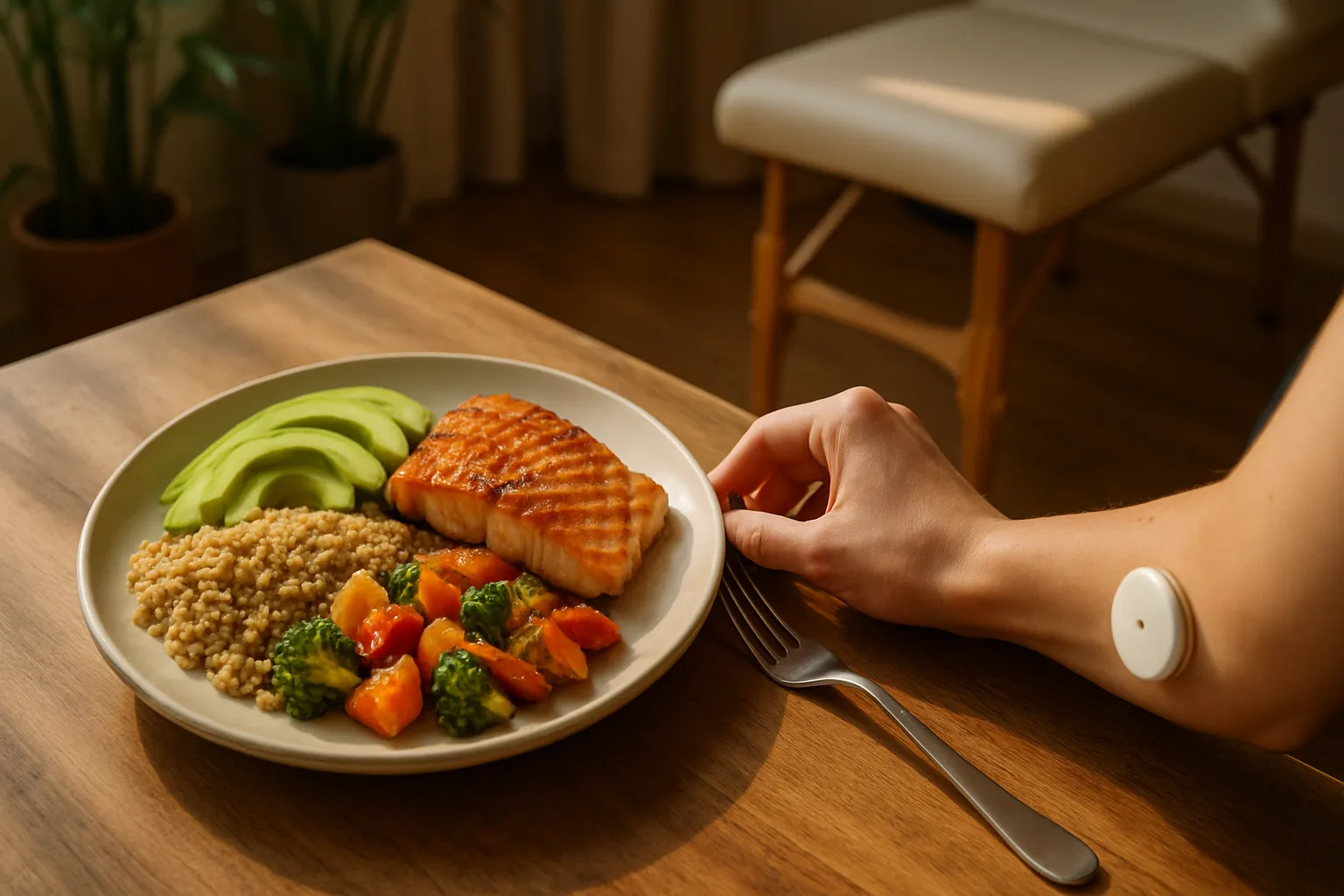 Visão superior de prato equilibrado com salmão, abacate, quinoa e vegetais, com sensor CGM visível no braço da pessoa, demonstrando alimentação para controle glicêmico