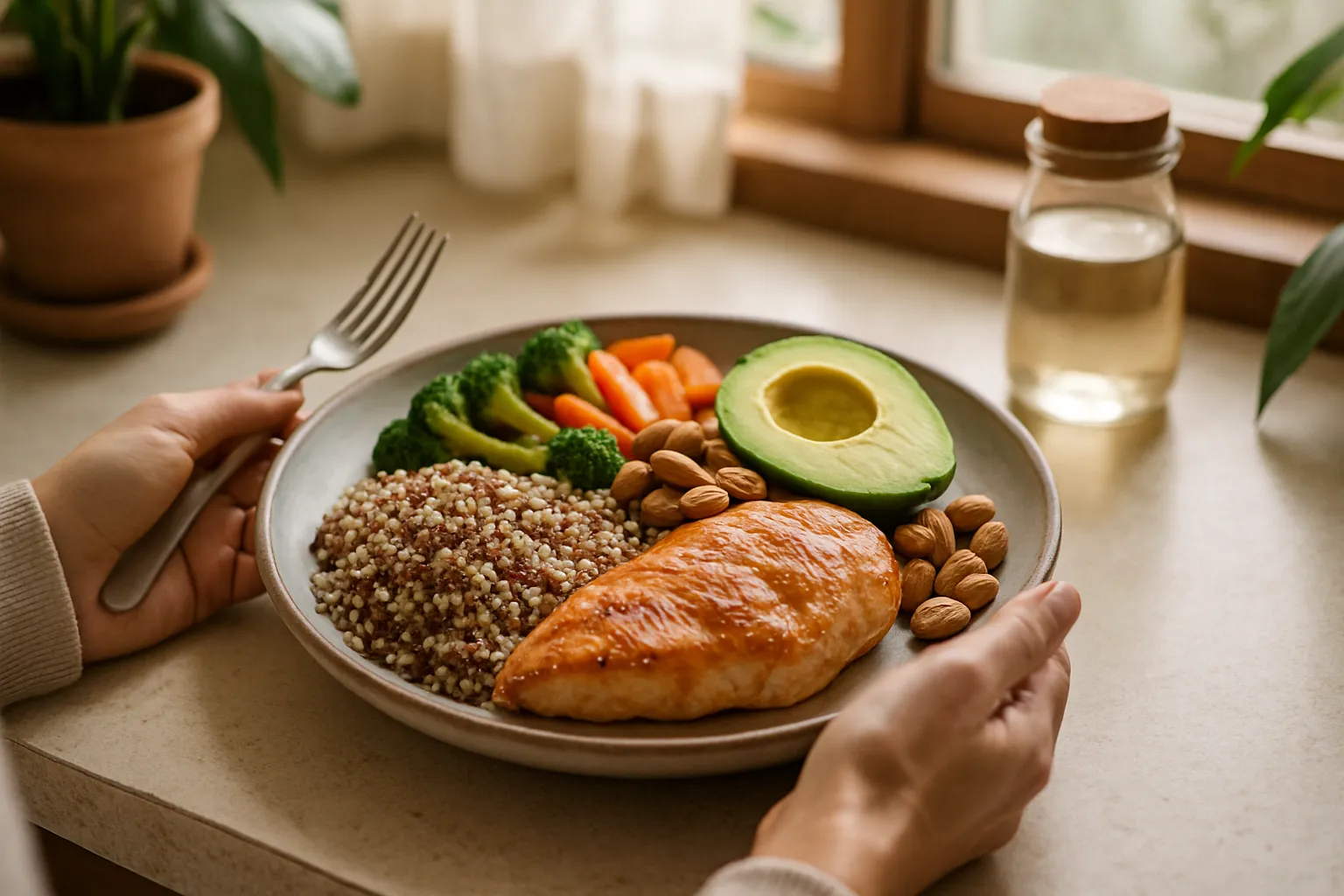 Refeição balanceada com proteínas, gorduras saudáveis e carboidratos estratégicos para manutenção de peso sustentável