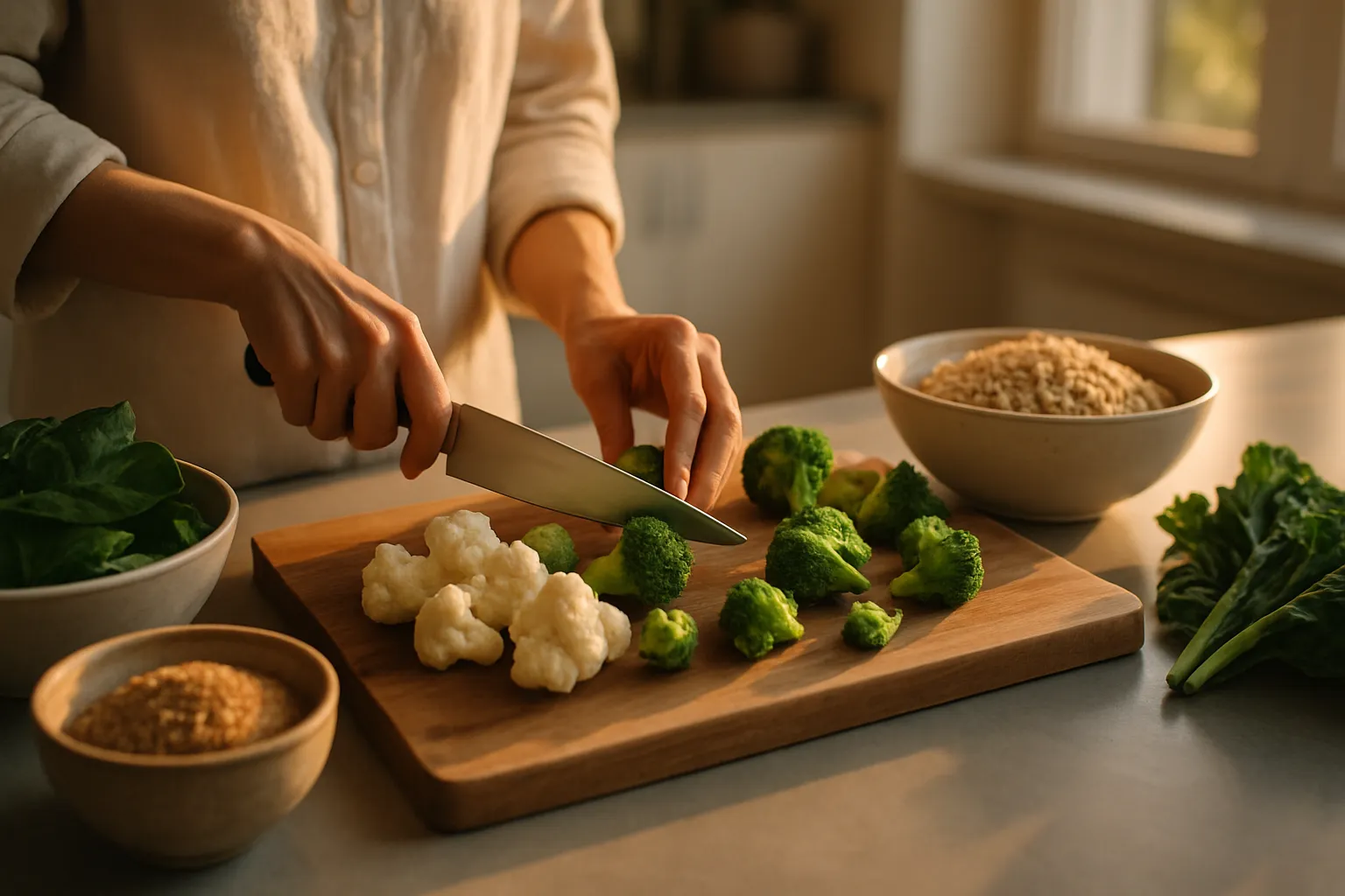Preparação de refeição equilibradora hormonal com vegetais crucíferos, sementes de linhaça moídas e alimentos ricos em doadores de metil que apoiam a detoxificação de estrogênio e função da enzima COMT