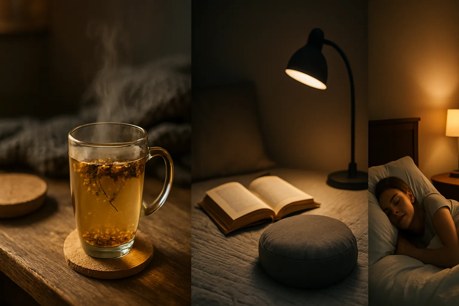 Preparação de rotina noturna com banho morno, chá calmante, luz suave para leitura e almofada para exercícios respiratórios organizados sequencialmente