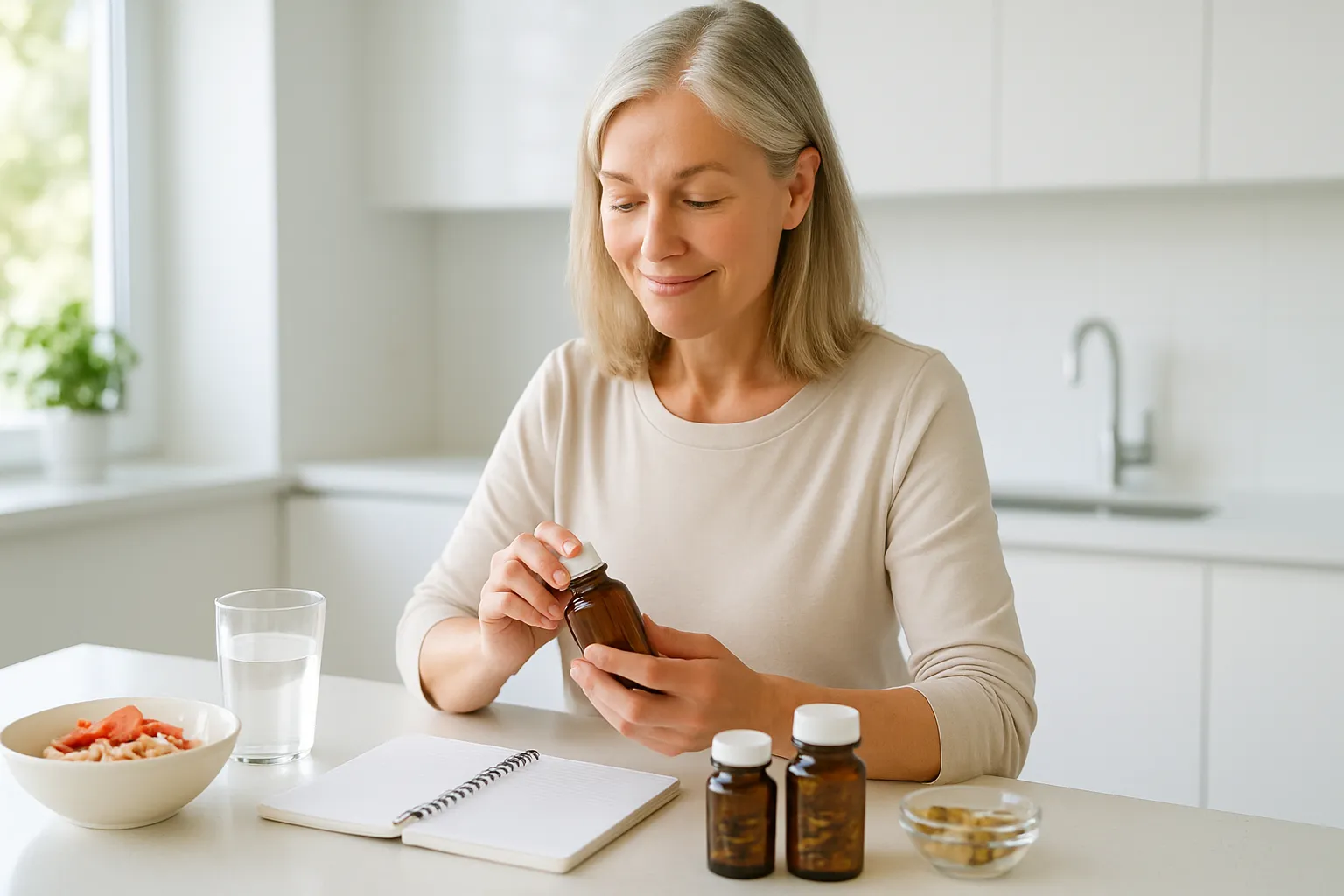 Rotina de Bem-Estar com Equilíbrio Hormonal Mulher na menopausa seguindo rotina matinal de bem-estar com suplementação hormonal e hábitos saudáveis