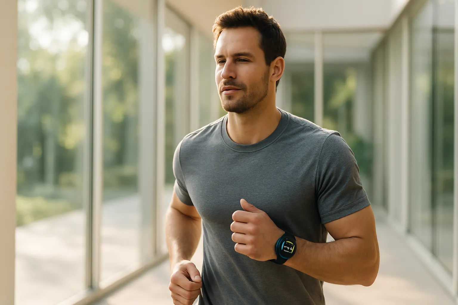 Rotina de Exercício Moderado para Fertilidade Masculina Homem praticando exercício físico moderado pela manhã, demonstrando rotina de atividade física adequada para otimizar a produção e qualidade espermática