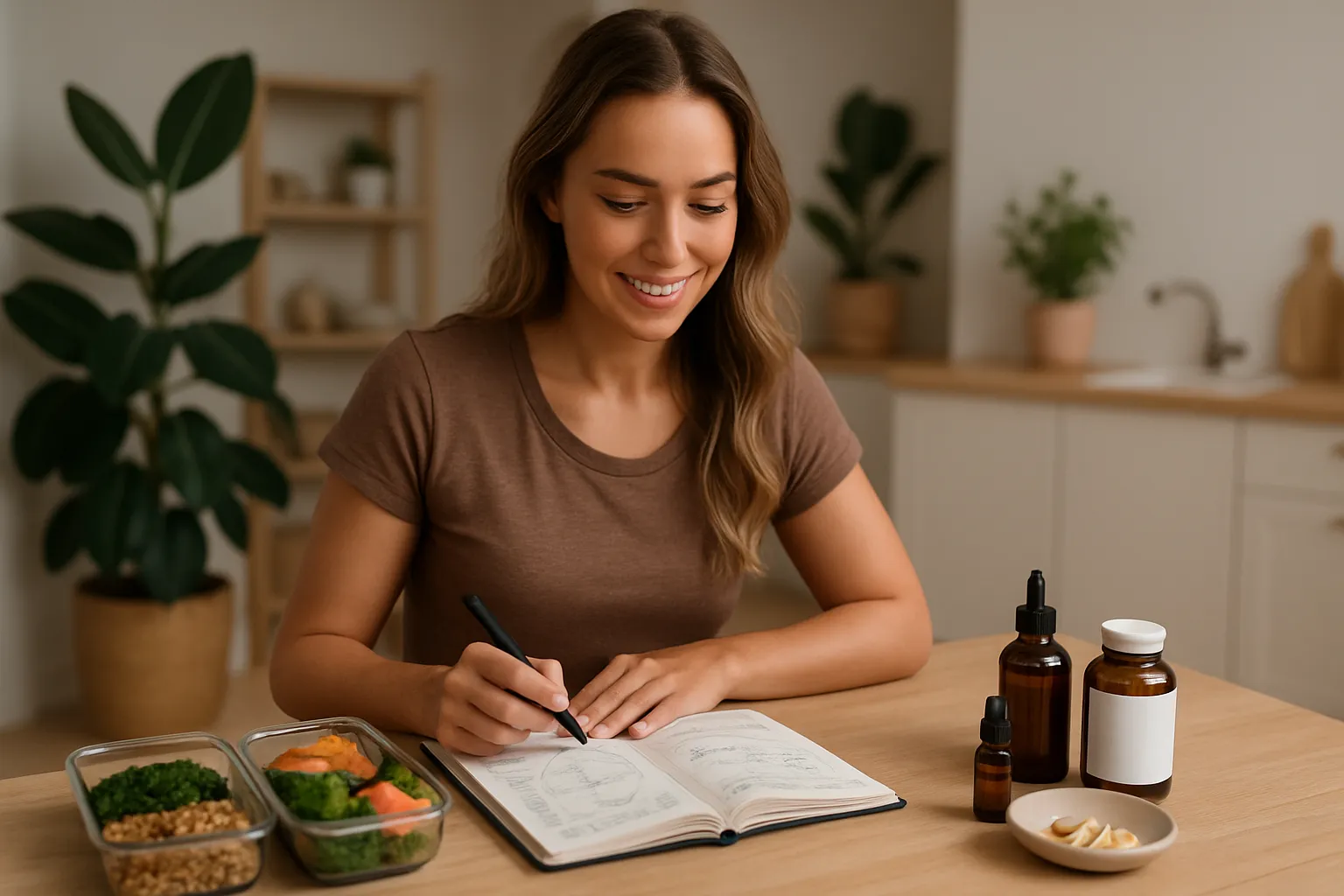 Rotina de Monitoramento de Ferritina Ideal Mulher em rotina matinal de autocuidado com alimentação rica em ferro e suplementação personalizada, representando abordagem integrada para equilíbrio de ferritina