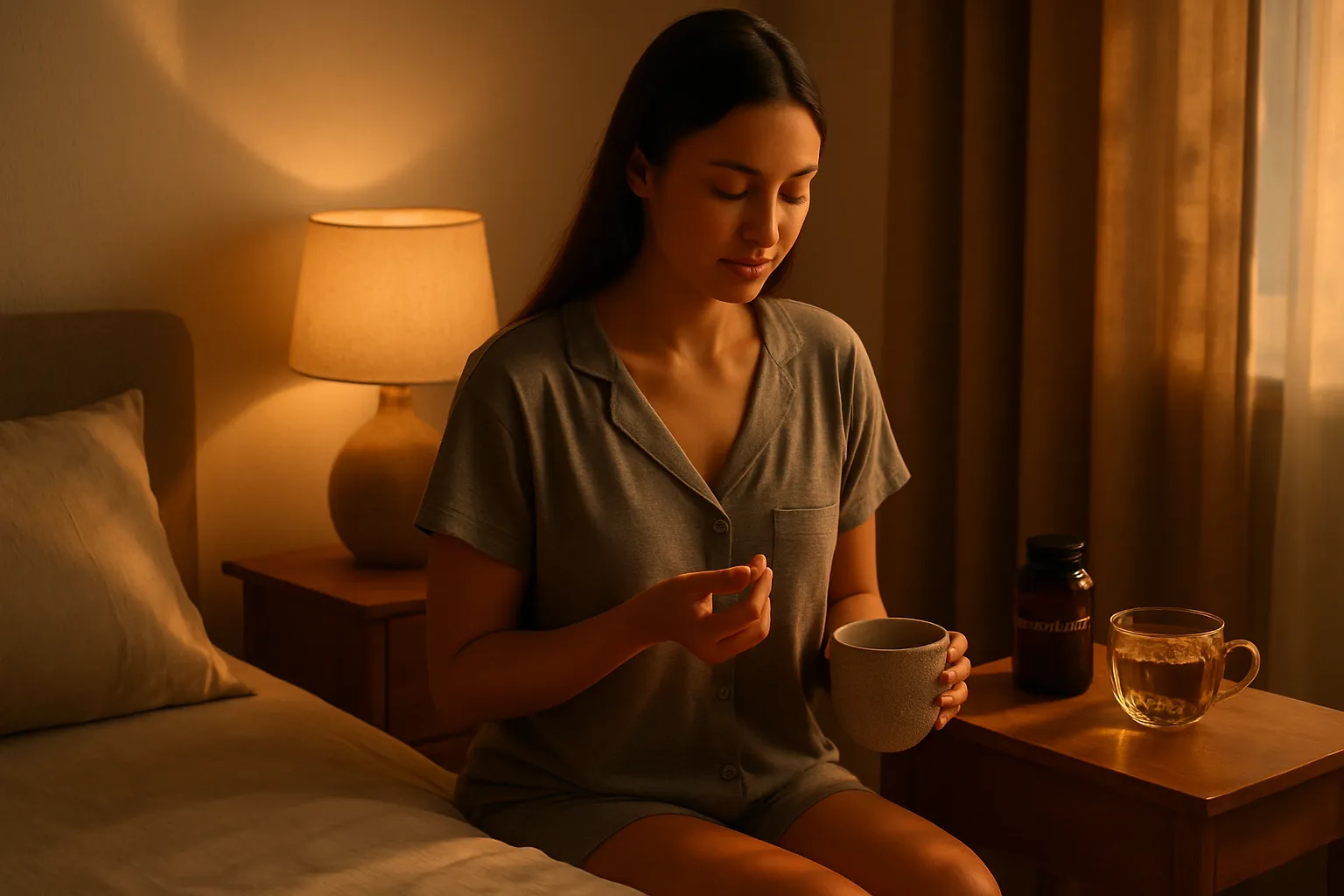 Rotina noturna de bem-estar com mulher preparando-se para sono reparador, suplemento de magnésio e chá de camomila para suporte ao equilíbrio de progesterona