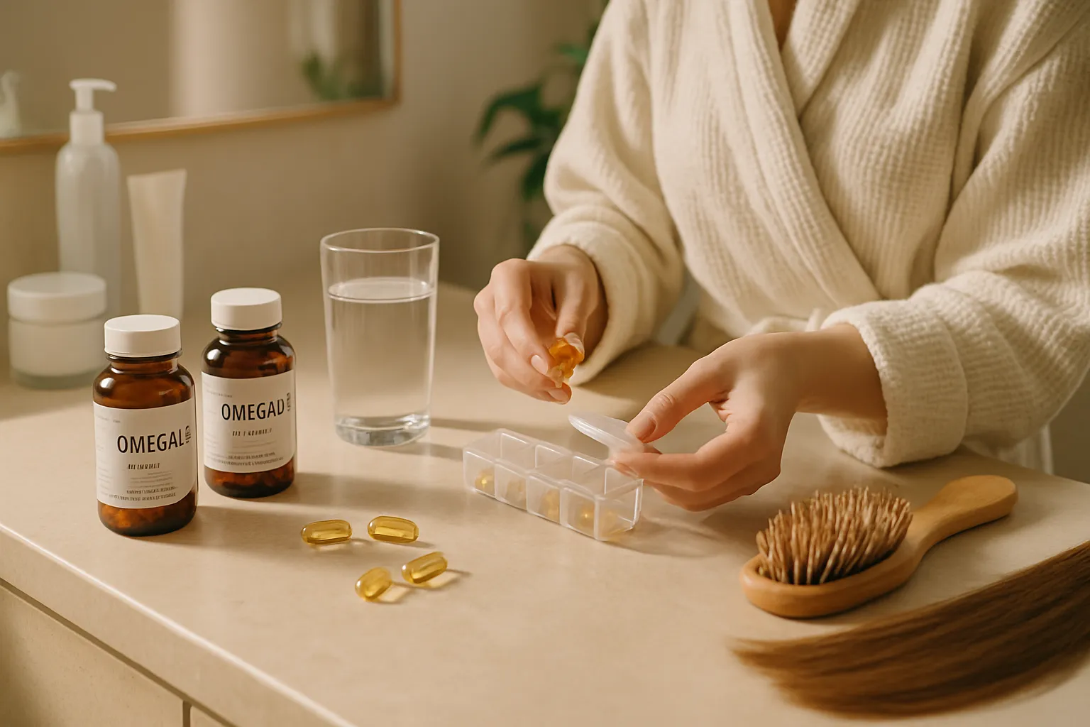 Pessoa organizando rotina personalizada de suplementação de ômega-3 com produtos para combater sintomas de deficiência