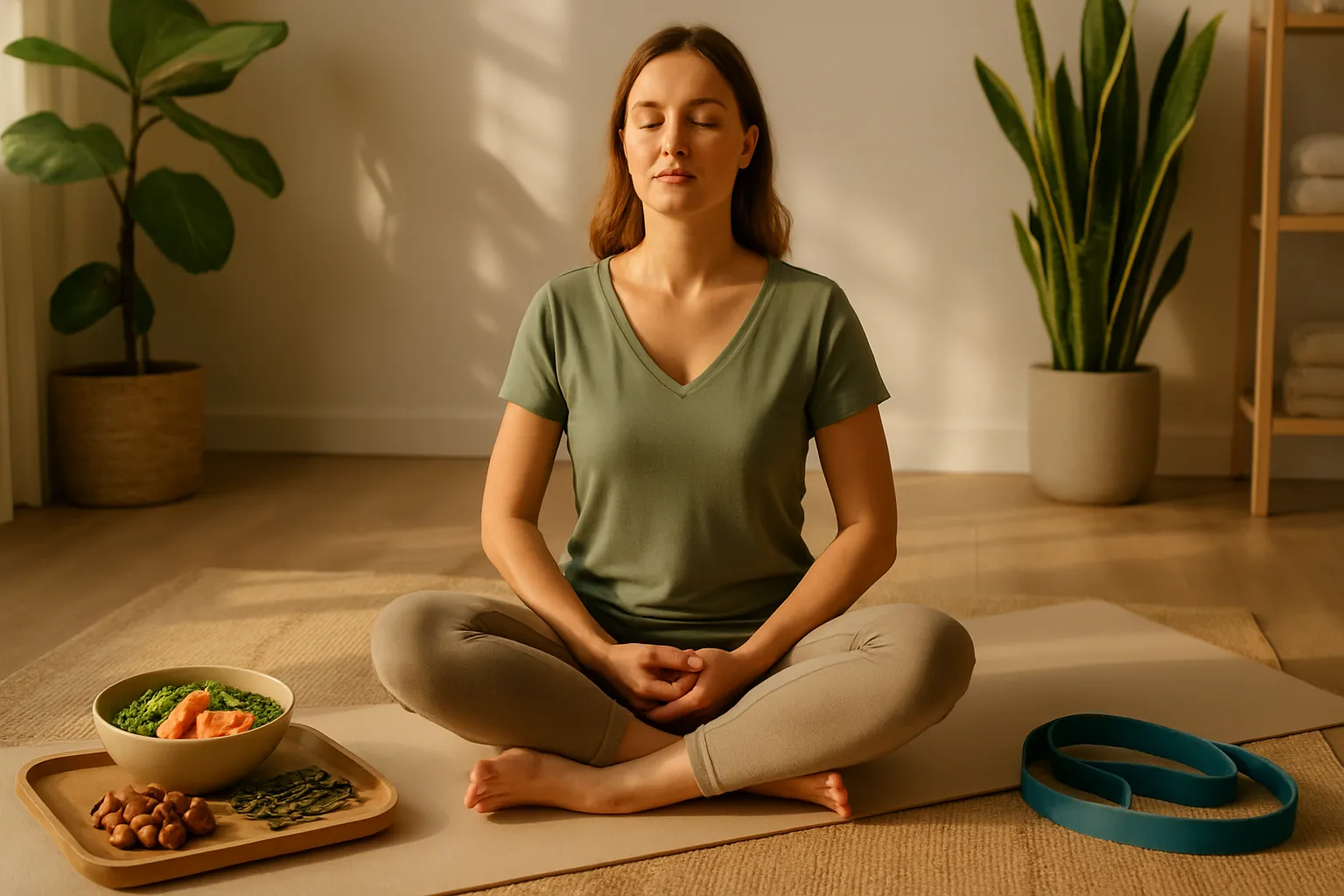 Rotina de Suporte para Saúde Tireoidiana Mulher praticando meditação em estúdio wellness com elementos de rotina saudável para tireoide: refeição antiinflamatória, máscara de sono, chá e equipamento de exercício leve